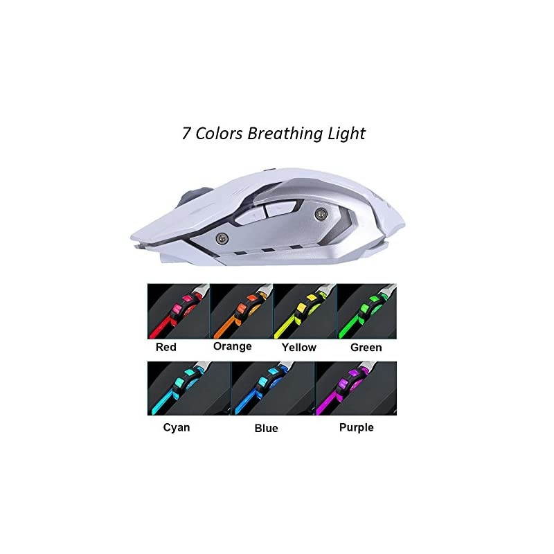 Wireless Rechargeable Gaming Mouse USB Optical Mice Silence Click 3 Adjustable DPI 6 Buttons 7 Changing Breathing Backlight GM07 White