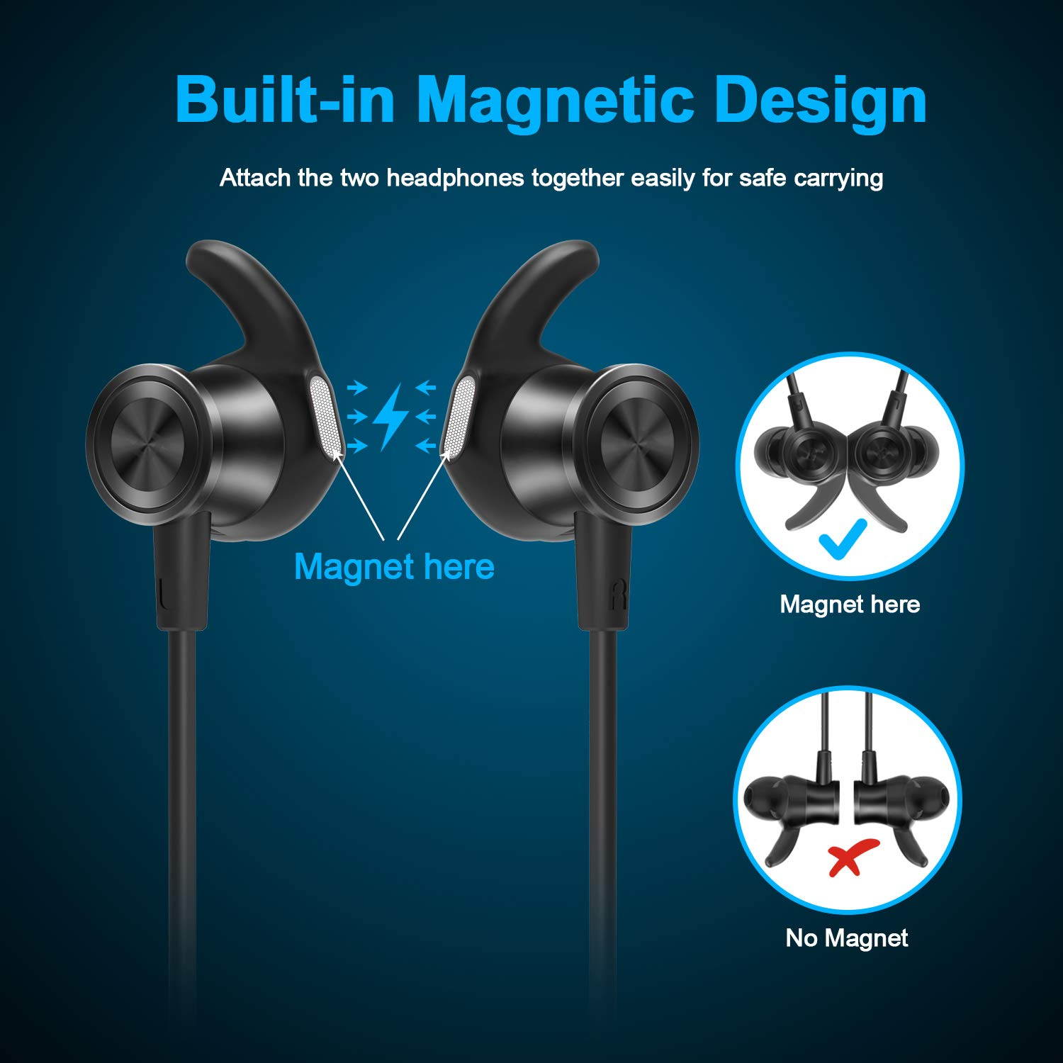 Bluetooth Headphones, Lightweight Wireless Earbuds with Magnetic Connection, IPX5 Water Resistant Bluetooth 5.0 Sports Earphones for Running, Built-in Mic, 8 Hrs Work Time Built-in magnets