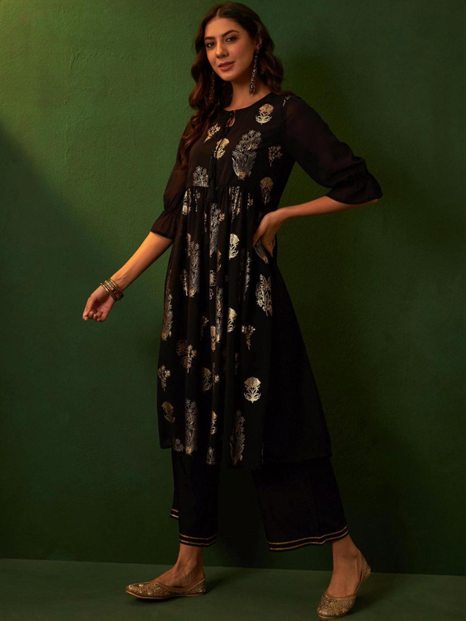 Ziyaa Black Printed Kurta Palazzo Set