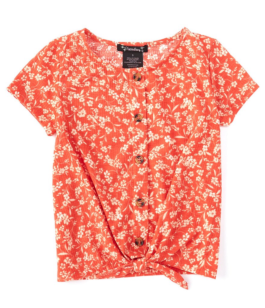 Xtraordinary Big Girls 7-16 Short-Sleeve Floral Button/Tie-Front Top
