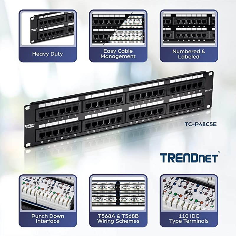48Port Cat55e RJ45 UTP Unshielded Patch Panel TCP48C5E Wallmount or Rackmount 100Mhz Cat 5e Krone Connectors ColorCoded Labeling Cat5Cat5eCat4Cat3 Compatible 2U Rackmount Red