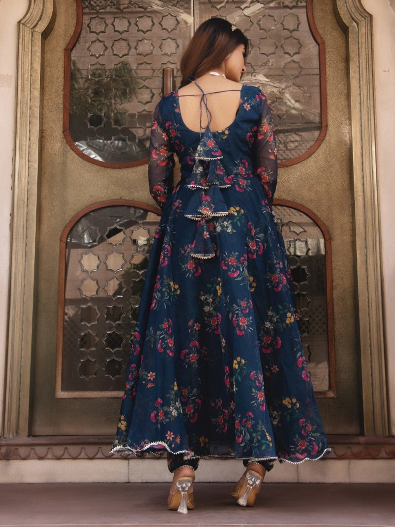 Calmna Peacock Blue Gotapatti Organza Anarkali Suit Set