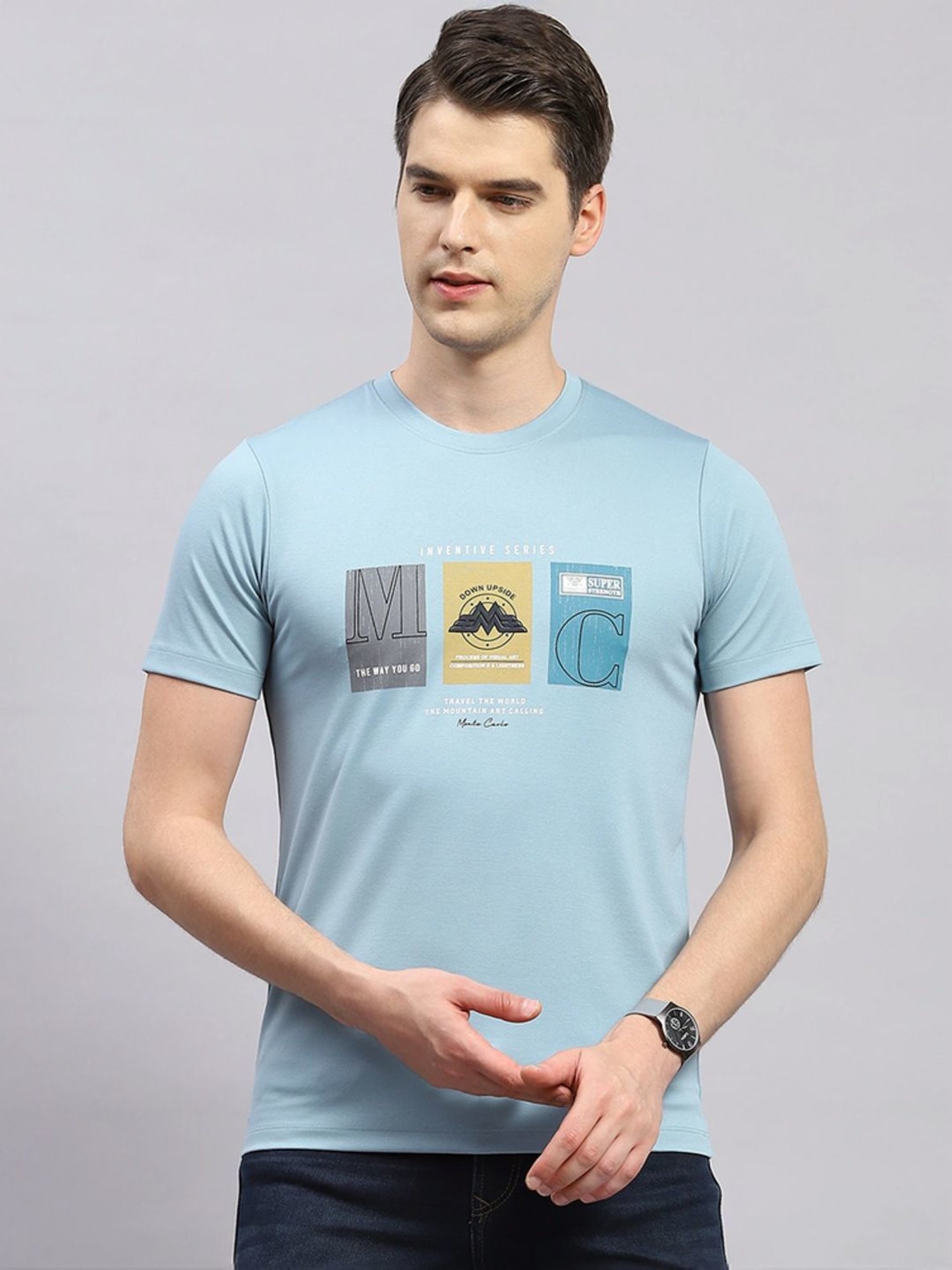 Monte Carlo Sky Blue Regular Fit Printed T-Shirt