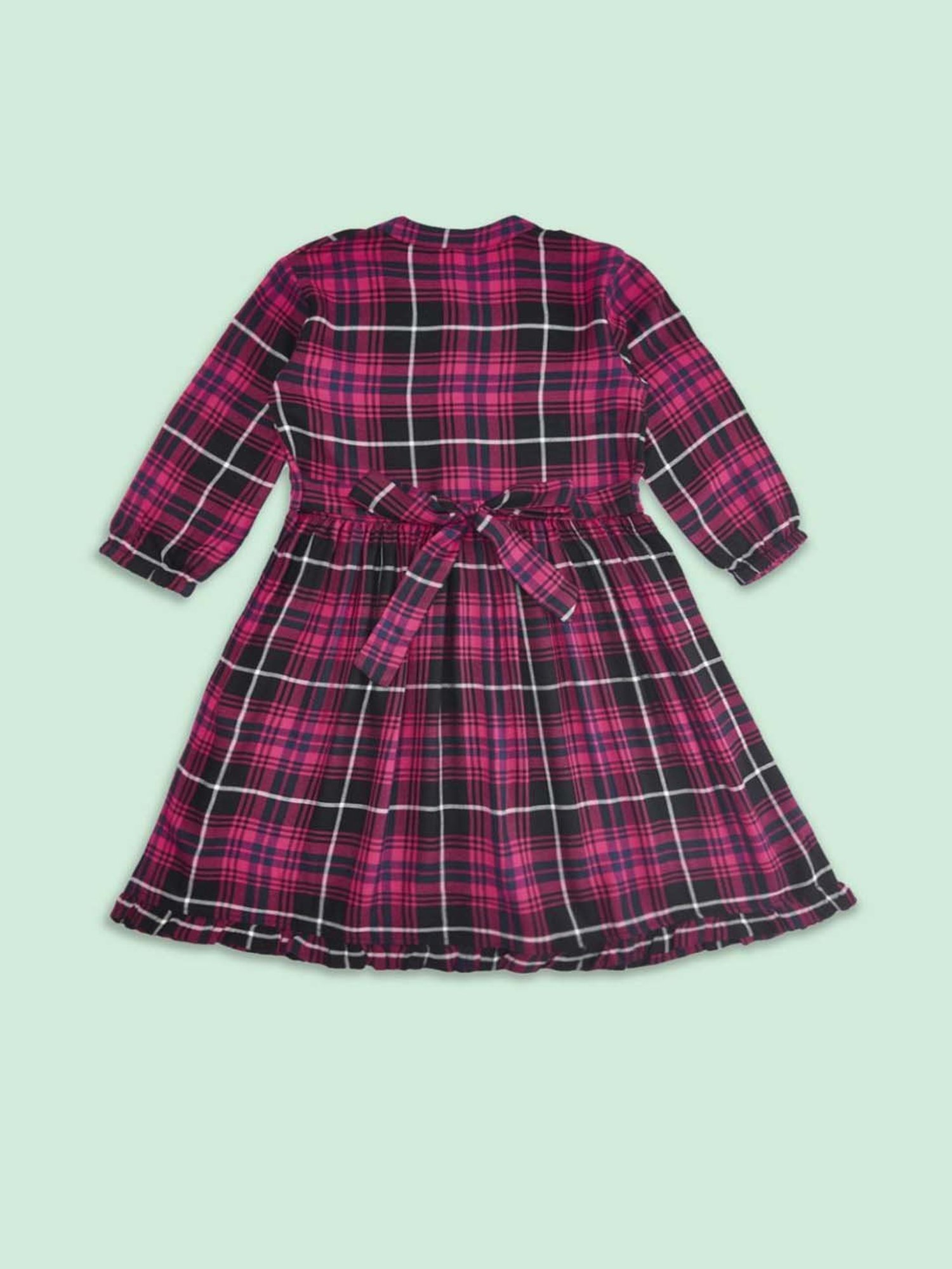 Pantaloons Junior Pink & Black Cotton Chequered Full Sleeves Dress