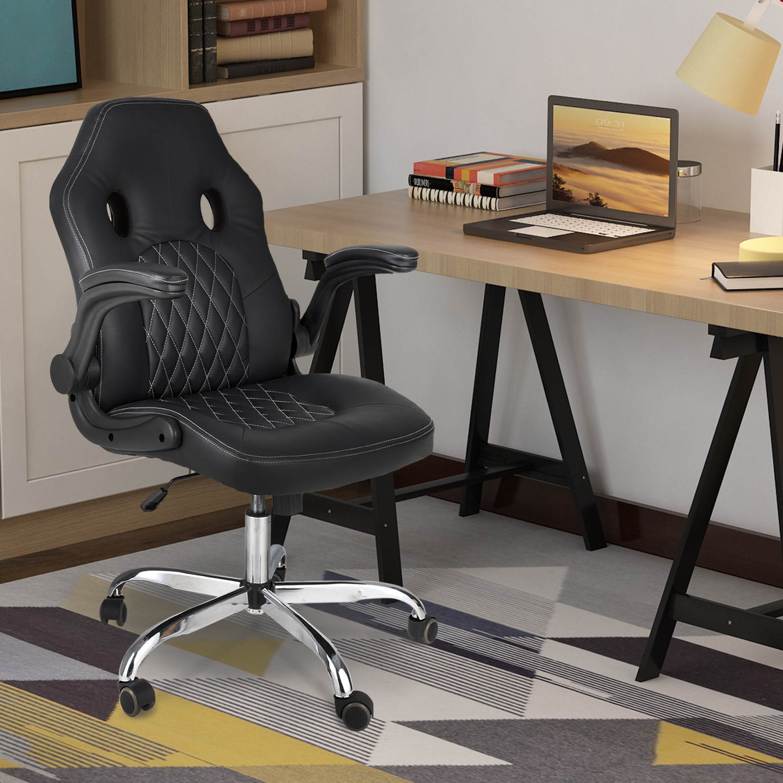 Office Chair, Gaming Chair Bonded Leather, Ergonomic Computer Desk Chair Task Swivel Executive Chairs High Back with Flip-up Armrests and Rolling Casters (Black)