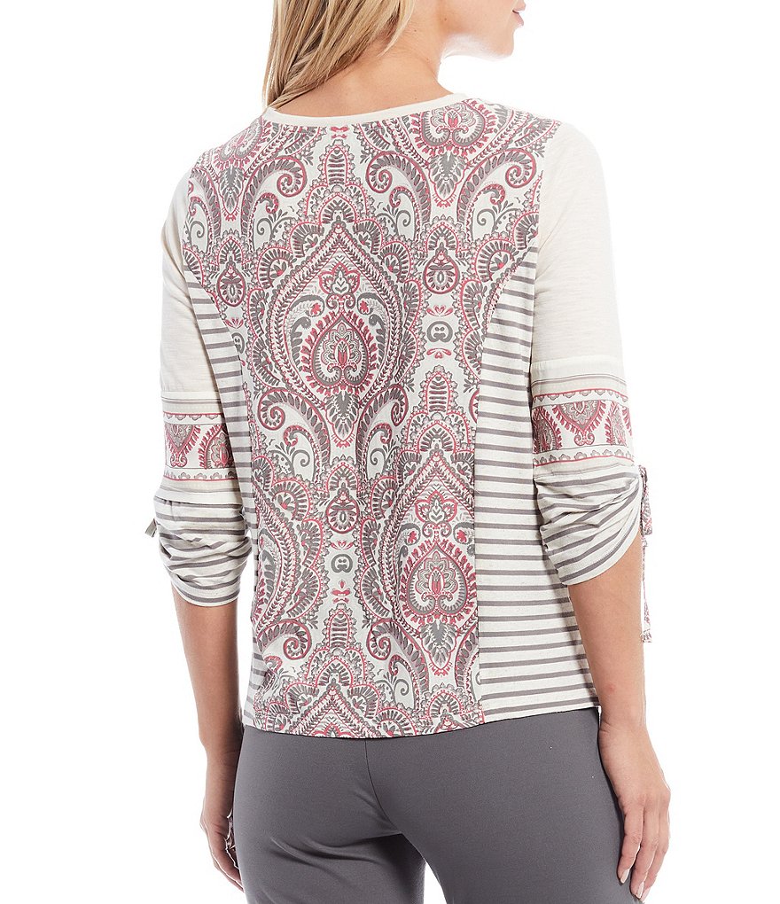 Multiples Petite Size Paisley & Yarn Dye Stripe Print Slub Knit V-Neck Tie Sleeve Detail 3/4 Sleeve Top