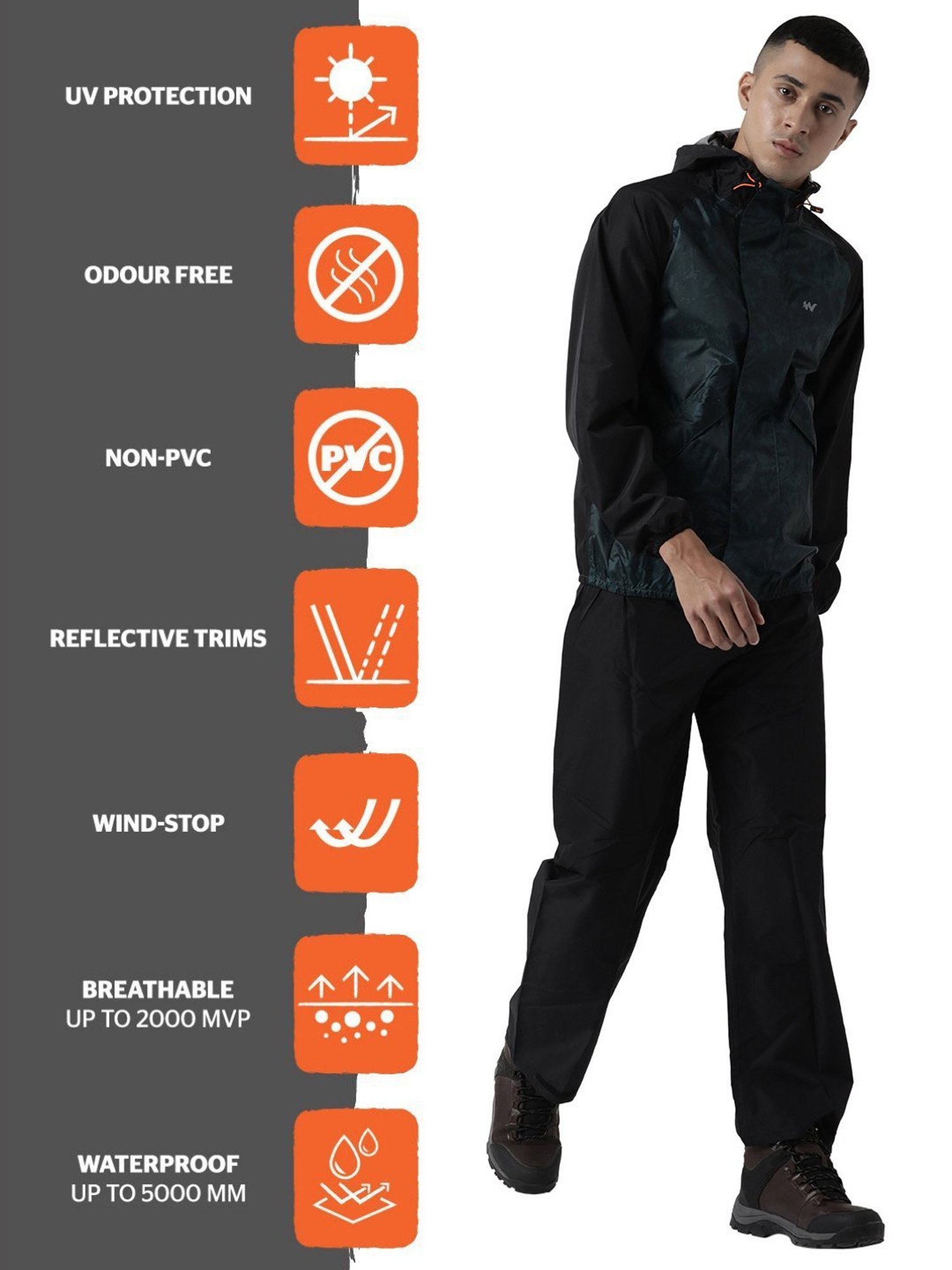 Wildcraft Black Camo Print Hooded Raincoat Set