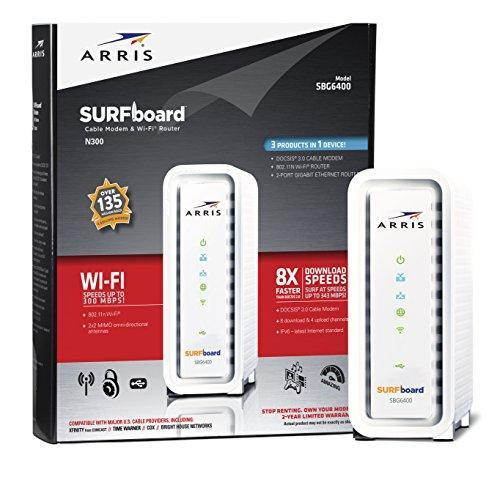 ARRIS SURFboard N300 DOCSIS 3.0 Cable Modem Router (SBG6400) Certified with Comcast Xfinity, Time Warner Cable, Charter, Cox, Cablevision, and more (White Retail Packaging)