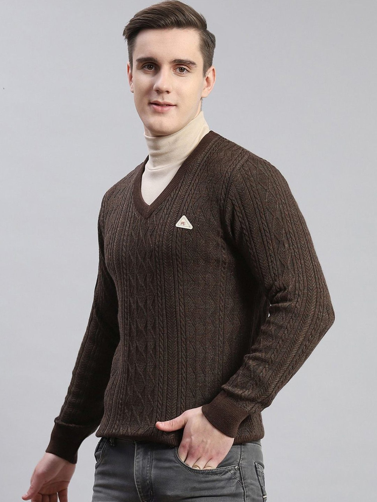 Monte Carlo Dark Brown Regular Fit Self Pattern Sweater