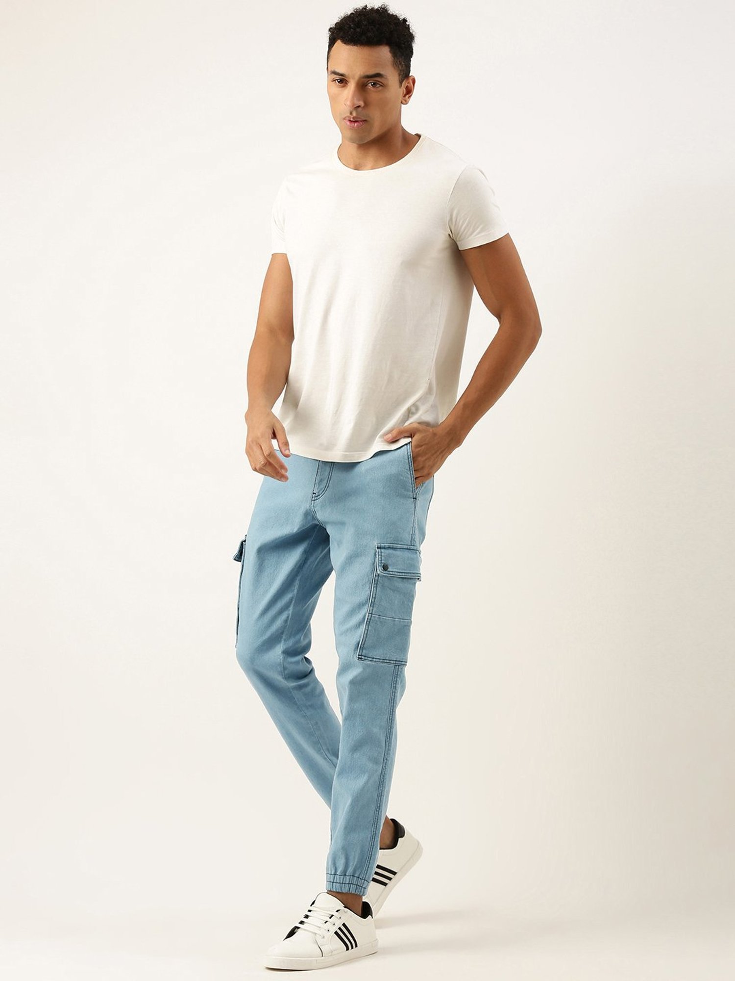 IVOC Light Blue Regular Fit Lightly Washed Cargo Jogger Jeans