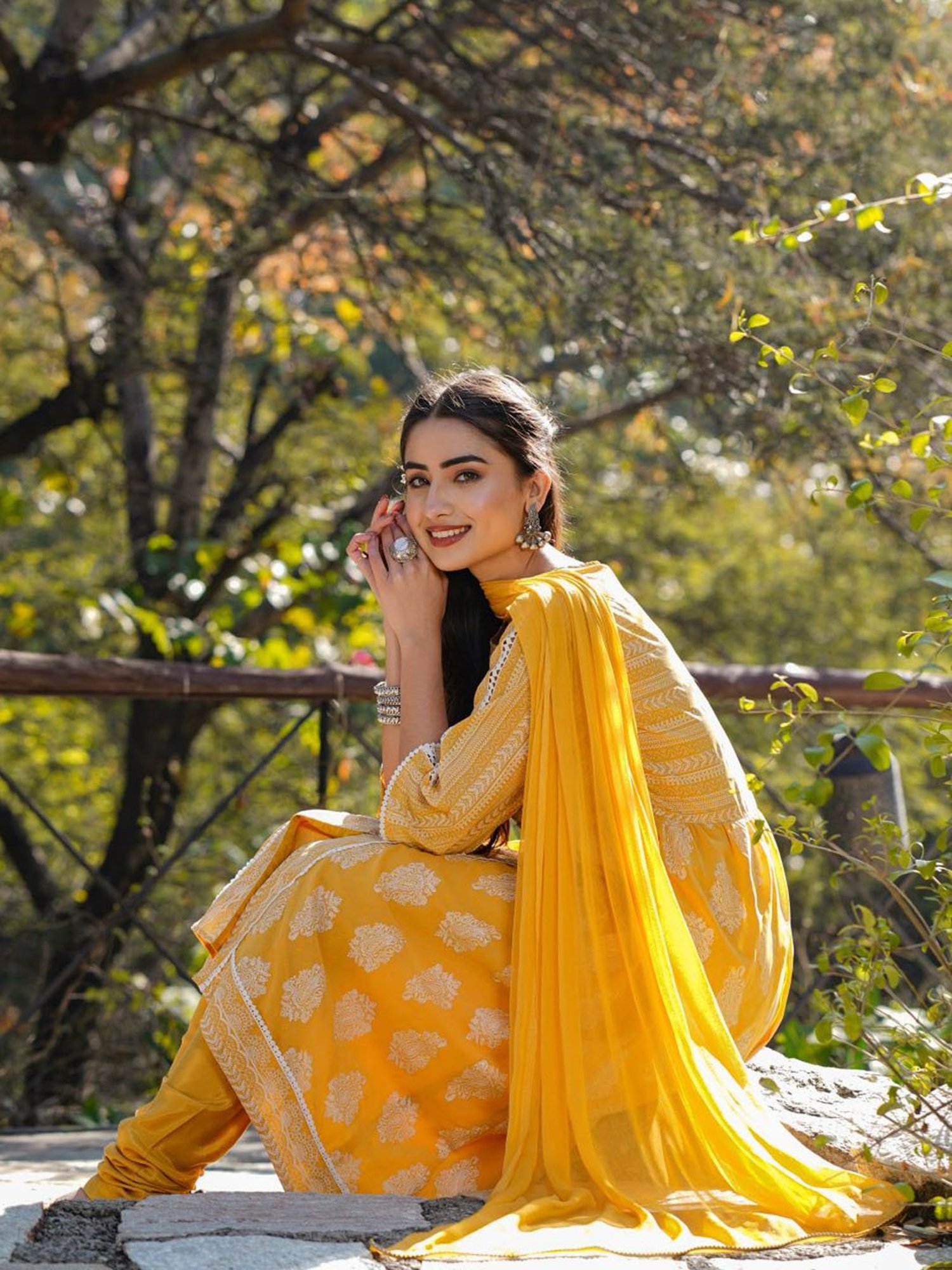 Juniper Yellow Ethnic Motif Printed Georgette Kurta Churidar & Chiffon Dupatta Set With Lace Work