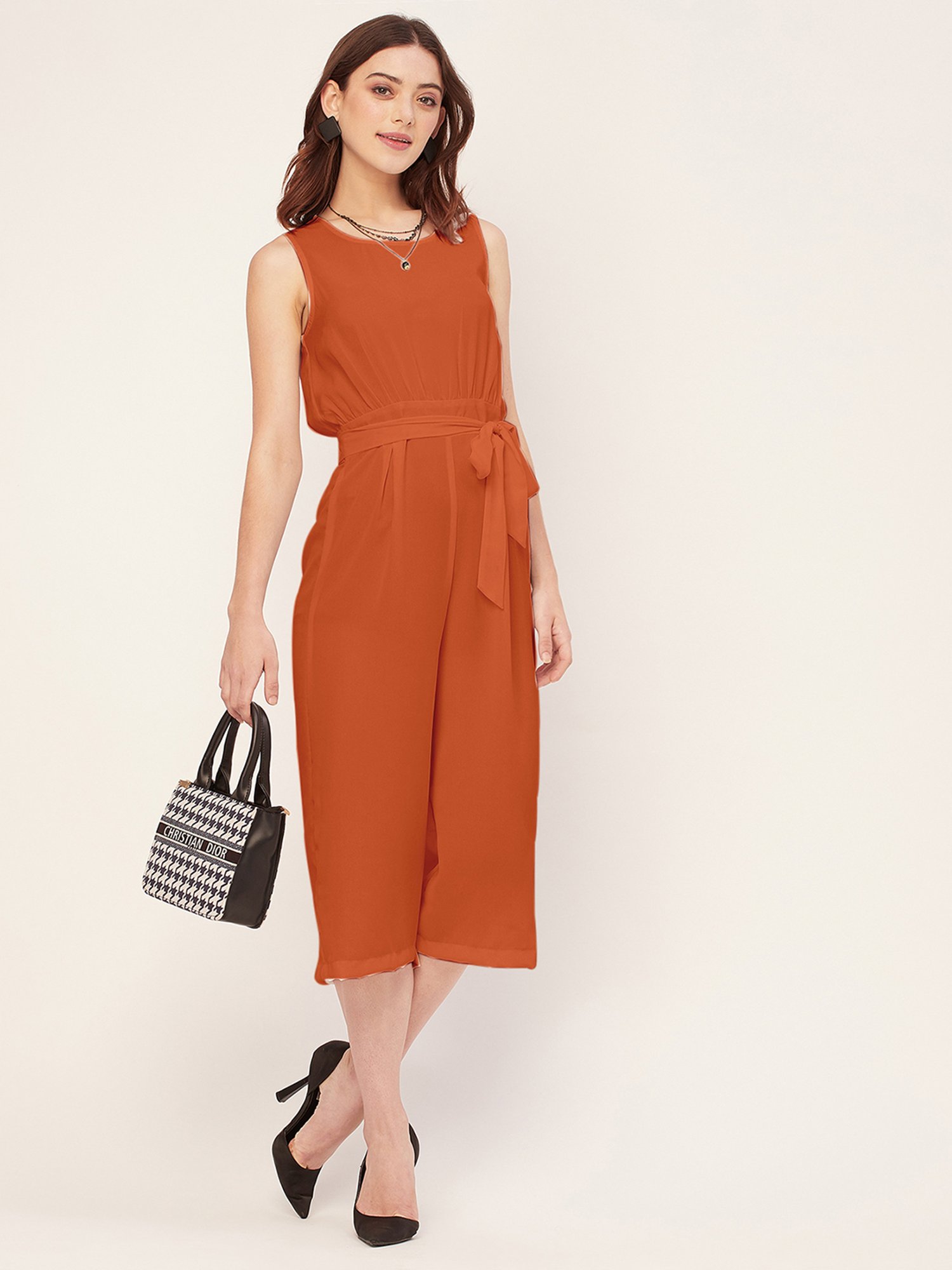 Moomaya Orange Georgette Midi Jumpsuit