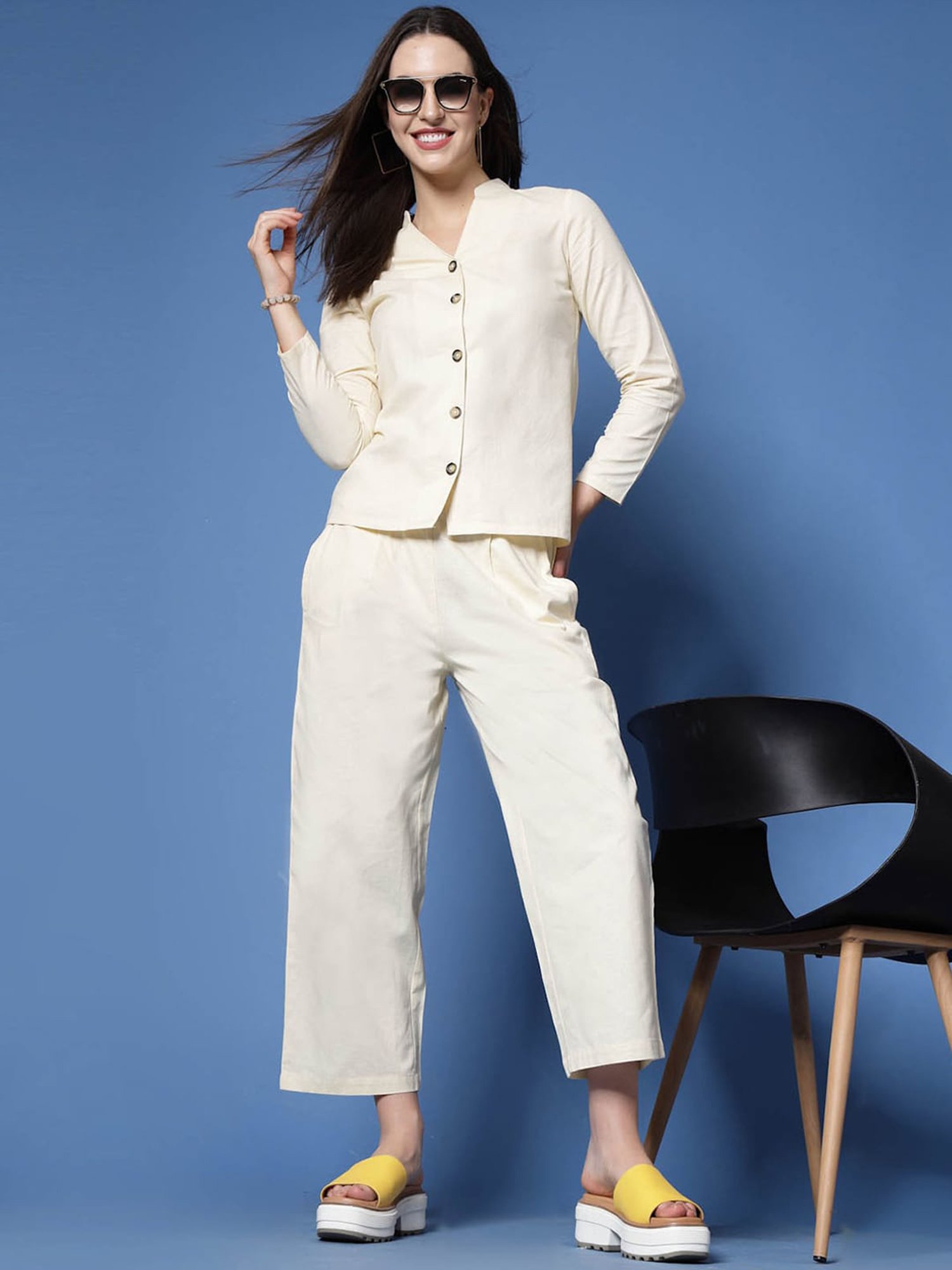 Melon by PlusS Cream Cotton Shirt With Trousers