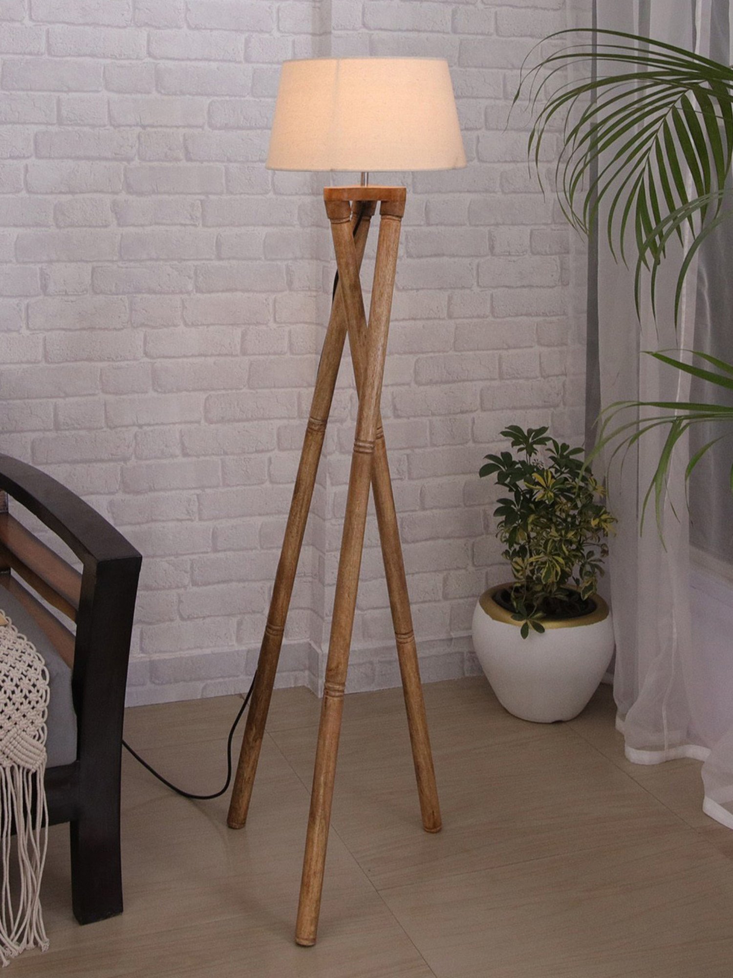 Homesake 'Tripod' Khadi & Brown Wood Cross-Leg Floor Lamp With Shade & Bulb - Set of 1