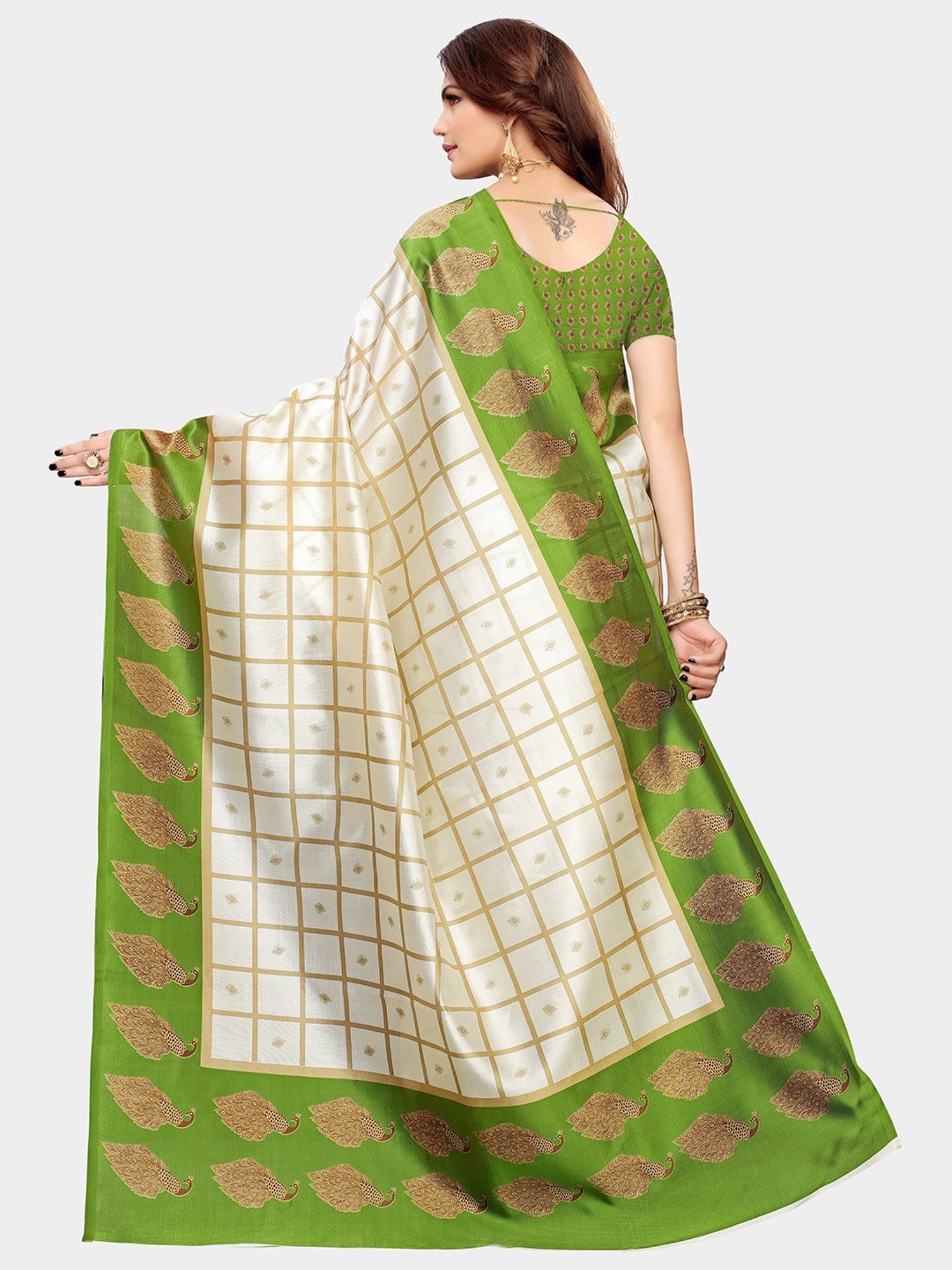 KSUT Green & Beige Check Saree With Blouse