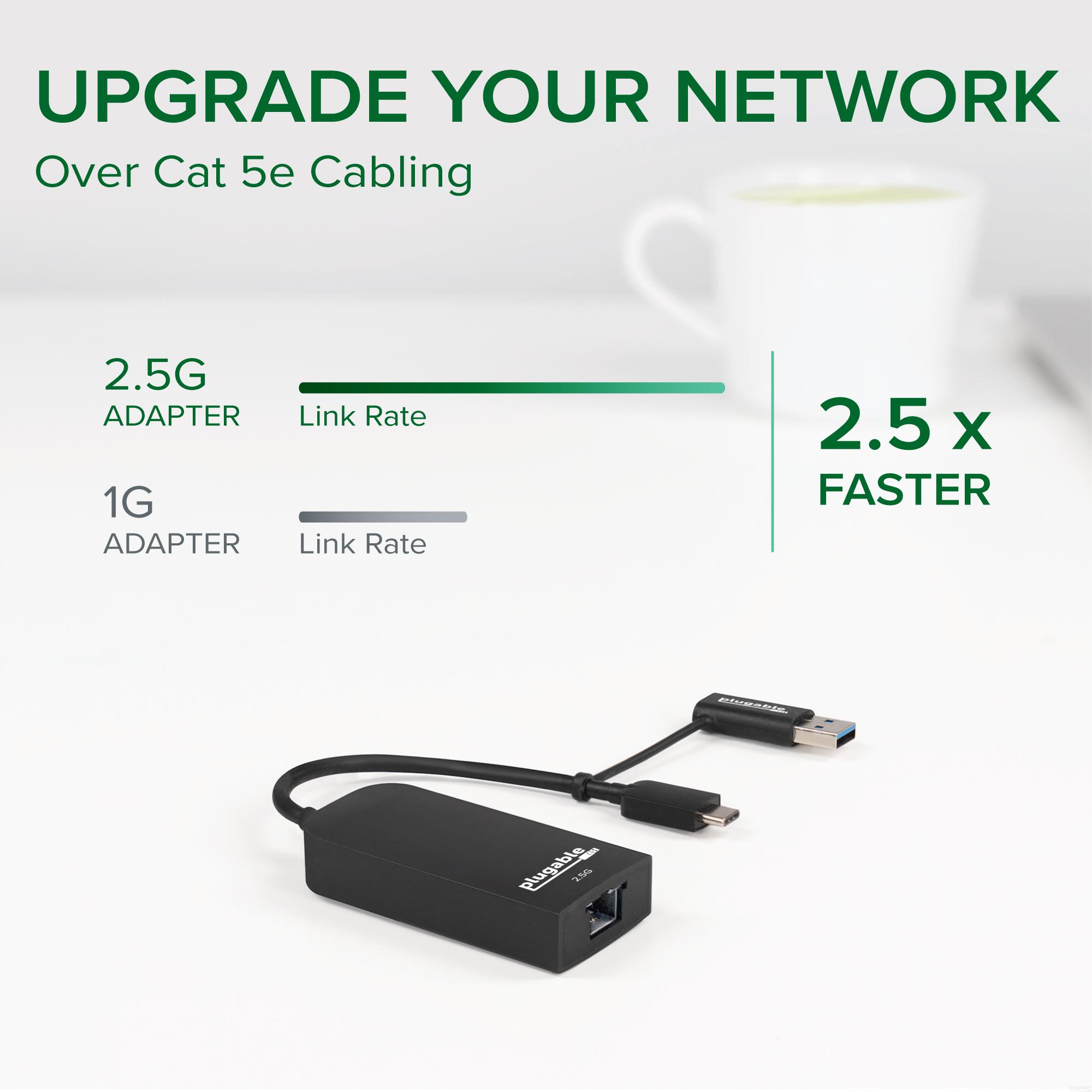 Plugable 2.5G USB C and USB to Ethernet Adapter, 2-in-1 Adapter Compatible with USB C/Thunderbolt 3 or USB 3.0, USB-C to RJ45 2.5 Gigabit LAN Compatible with Mac, Windows, and Linux