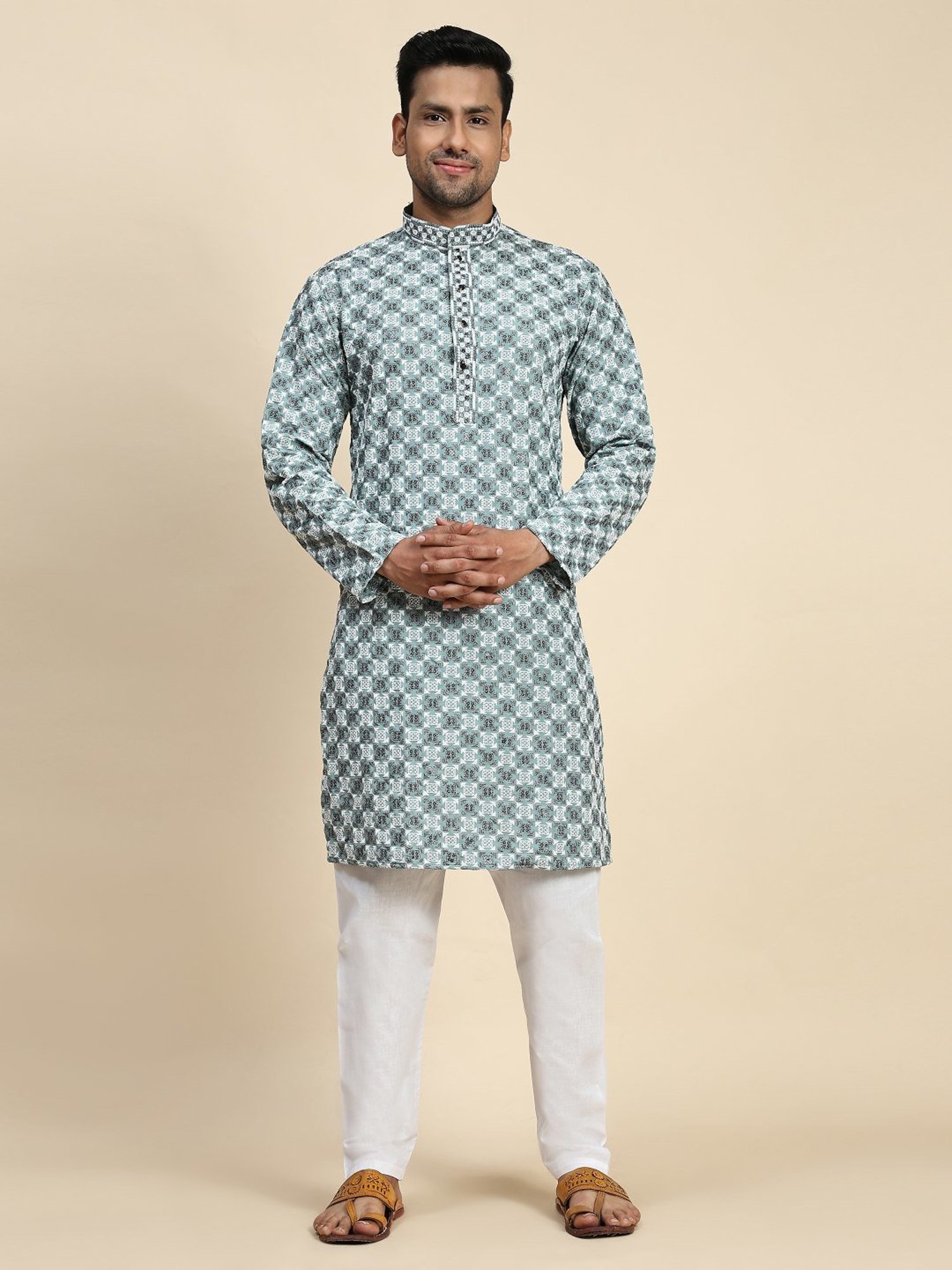 Pro-Ethic Style Developer Firozi & White Cotton Regular Fit Embellished Kurta Bottom Set