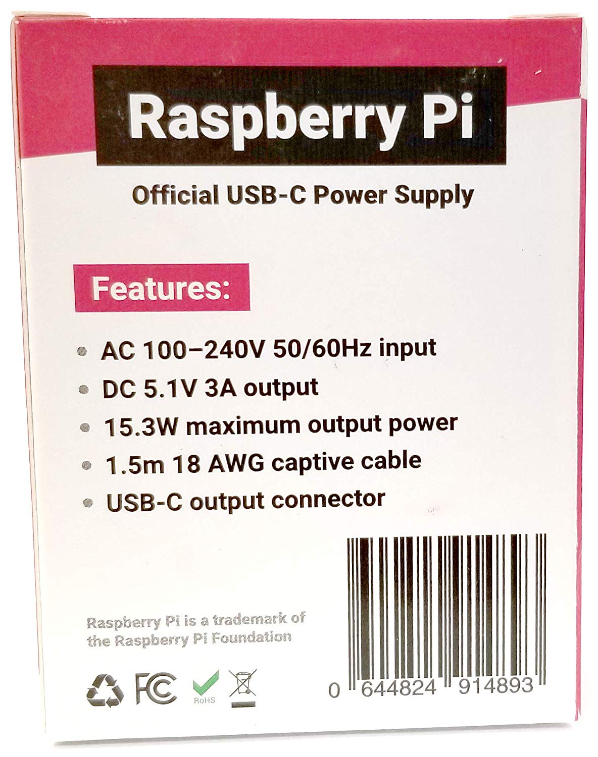 Official Raspberry Pi 4 4B Power Supply, Output: 5.1V / 3A, USB-C, 1.5m 18AWG (Black)