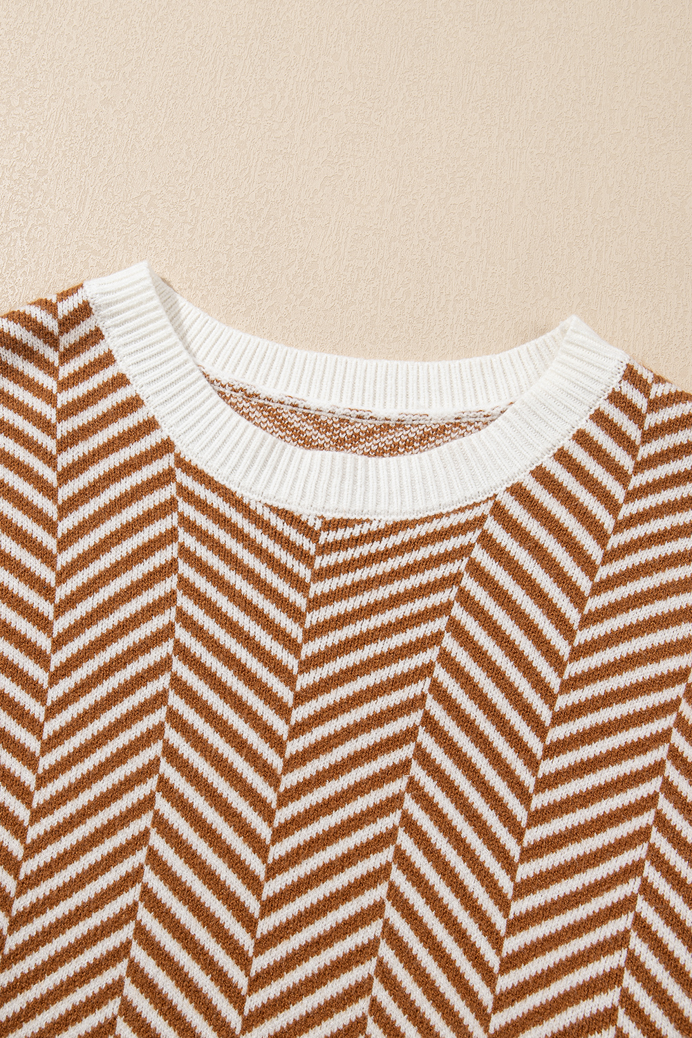 Coffee Stripe Contrast Edge Crew Neck Drop Shoulder Sweater