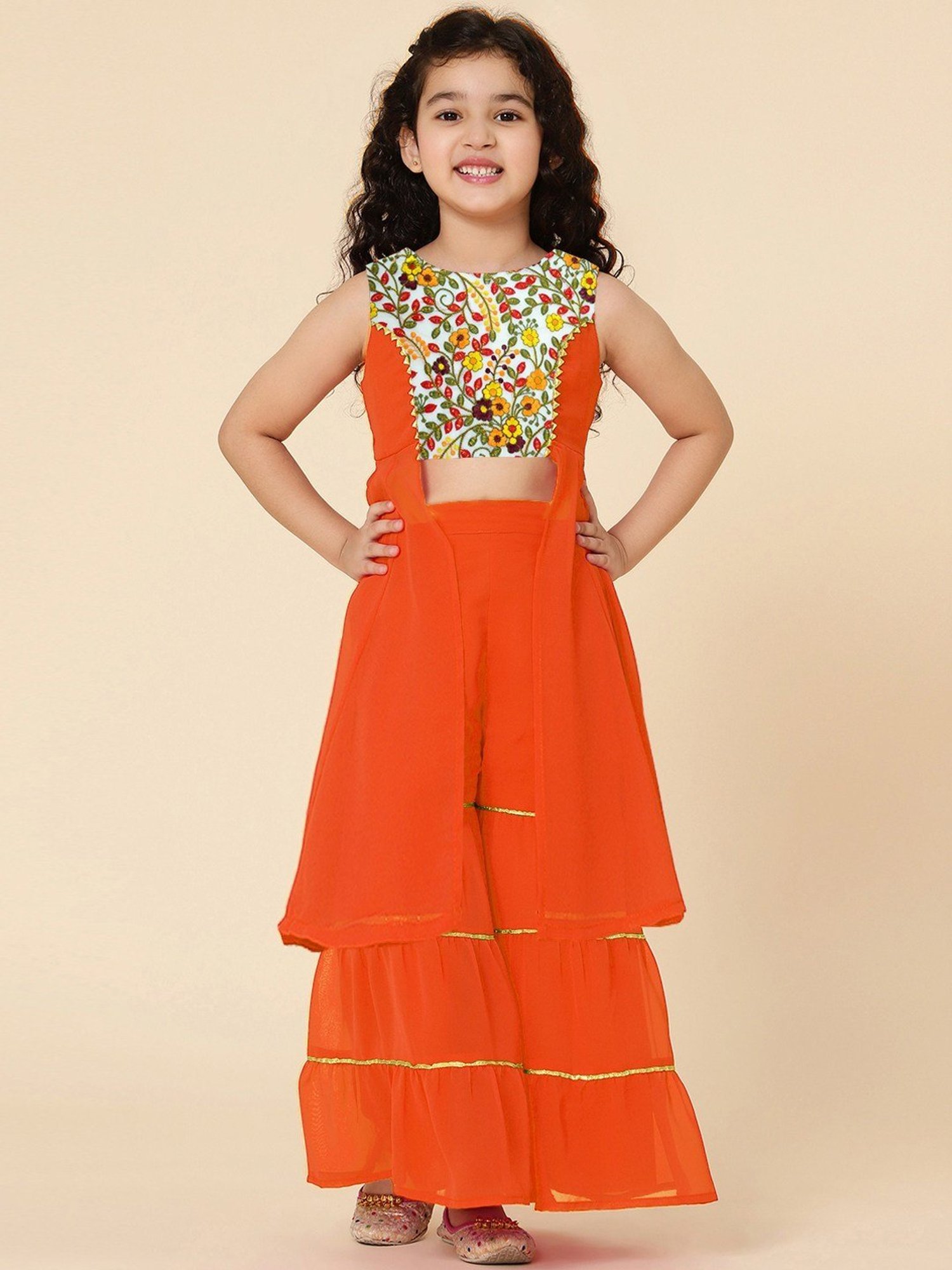 A.T.U.N. Kids Orange & Yellow Embroidered Kurta Set