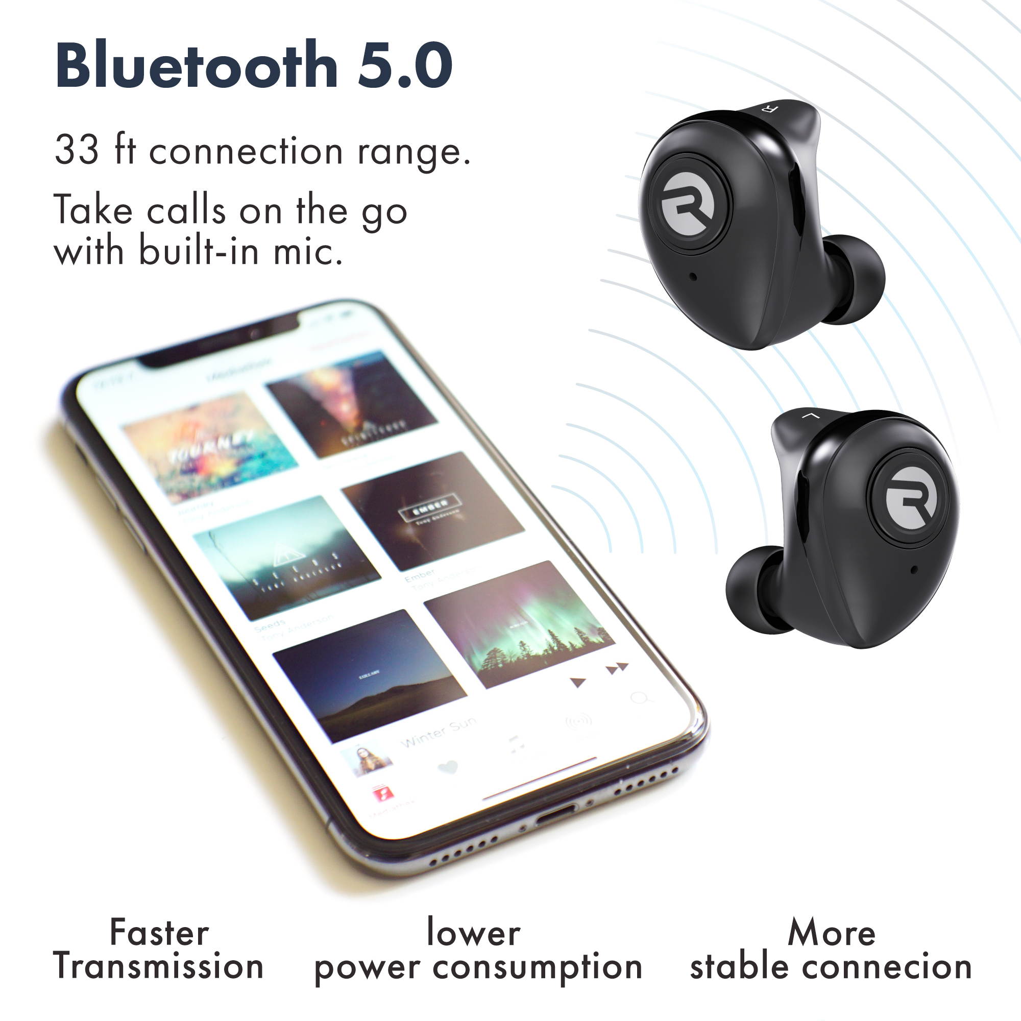 Raycon E50 True Wireless Bluetooth Earbuds - Bluetooth 5.0 Headphones Stereo Sound in-Ear Bluetooth Headset Wireless Earbuds 25 Hours Playtime and Built-in Microphone - Black