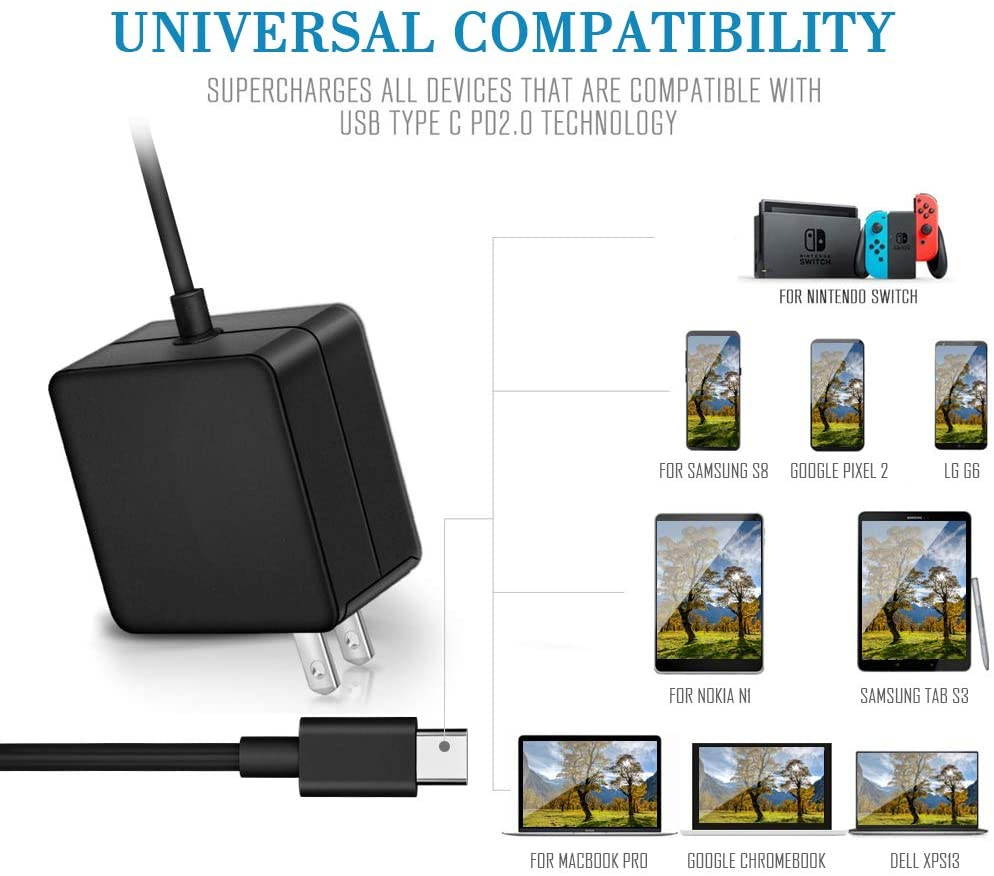 87W / 90W USB C Power Adapter, Type C Power Delivery PD Wall Charger 87W (Compatible 61W, 45W, 30W and 12W) for MacBook Pro Air 2018, HP, Dell, Lenovo and Any Laptops or Smart Phones with USB C