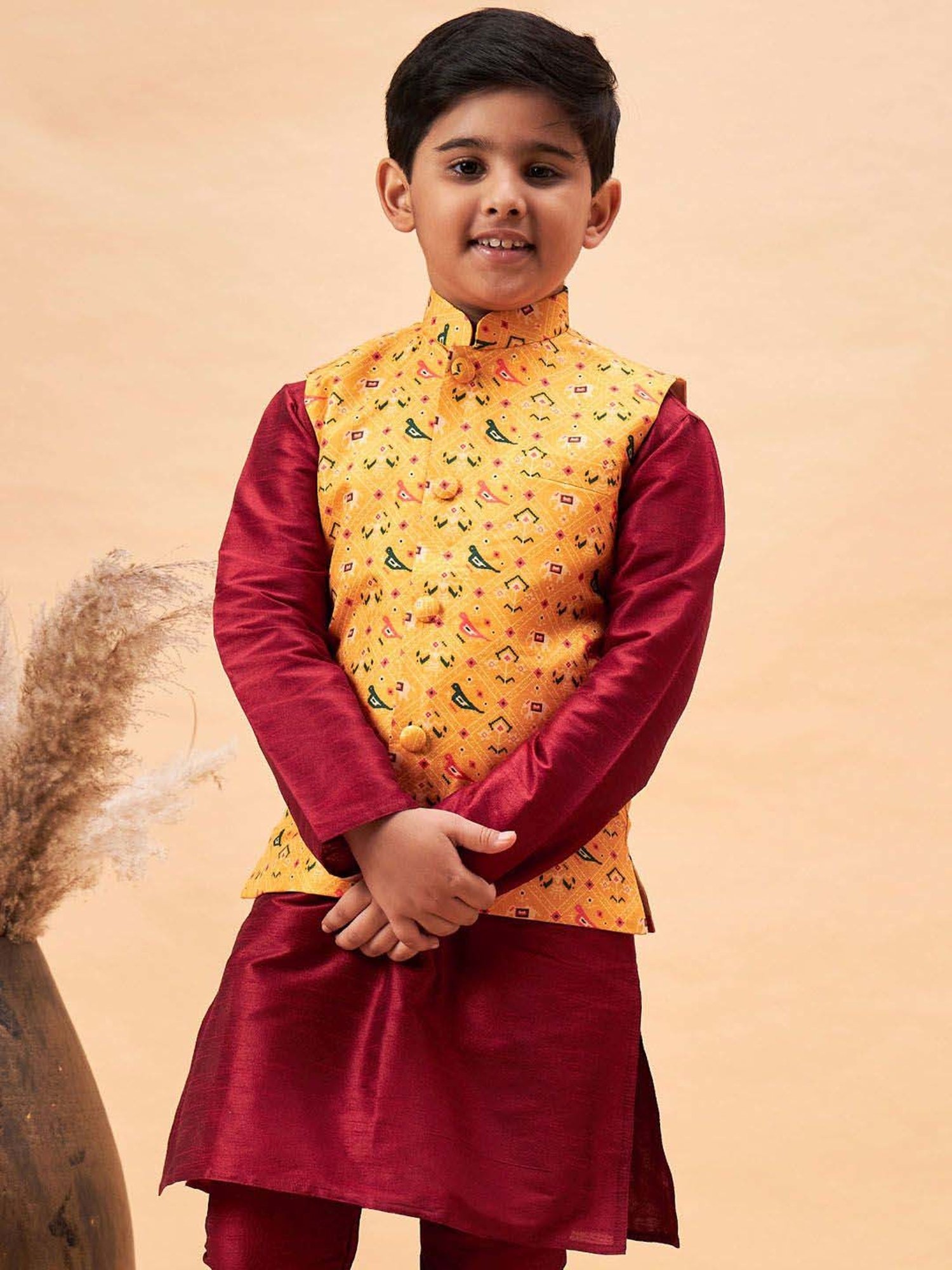 VASTRAMAY Boys Yellow Printed Indowestern