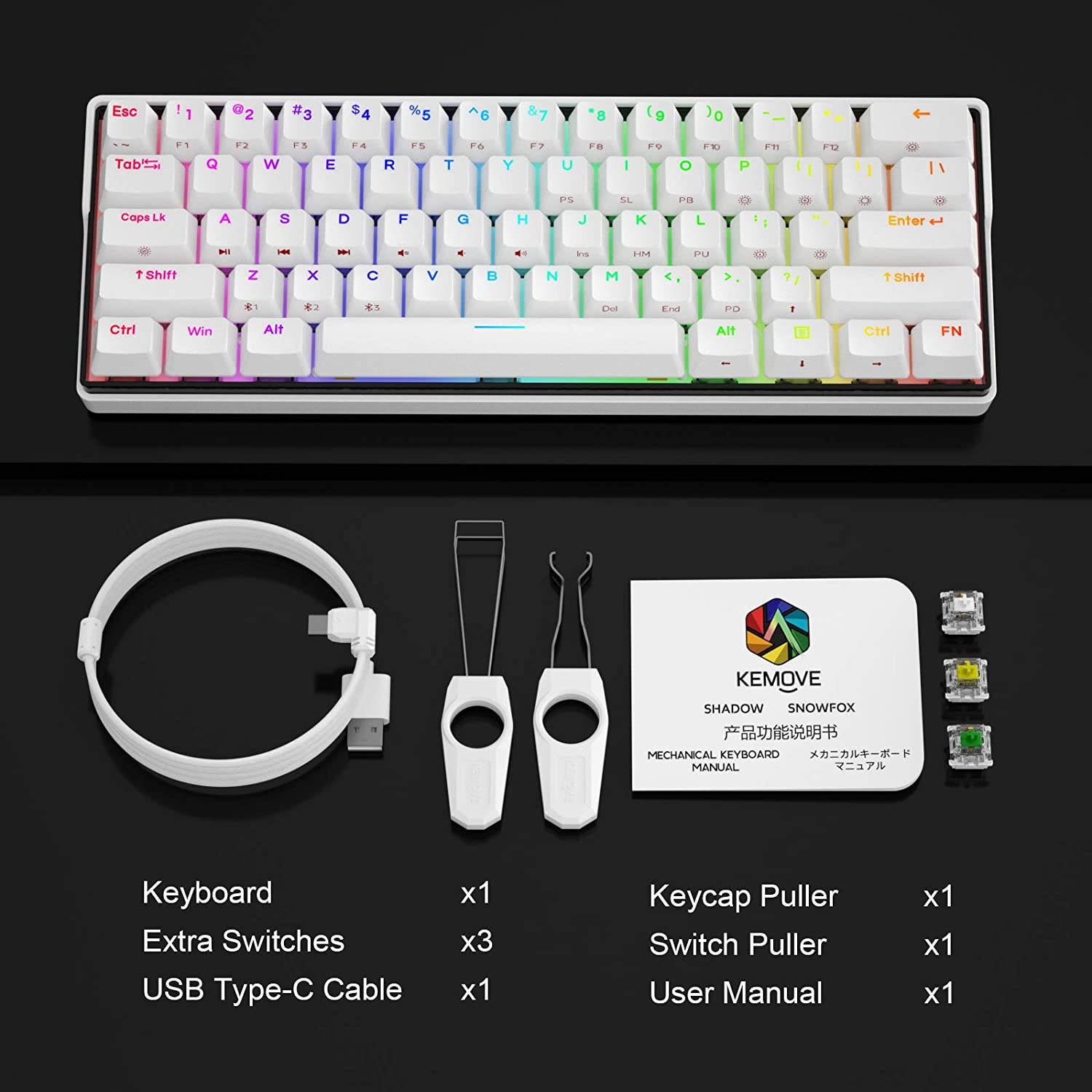 KEMOVE 61 Snowfox Bluetooth 5.1 Wireless/Wired 60% RGB Mechanical Gaming Keyboard - Hot Swappable with Mechanical Switches, PBT Keycap, Full Keys Programmable for Win/Mac -White (Gateron Brown Switch)