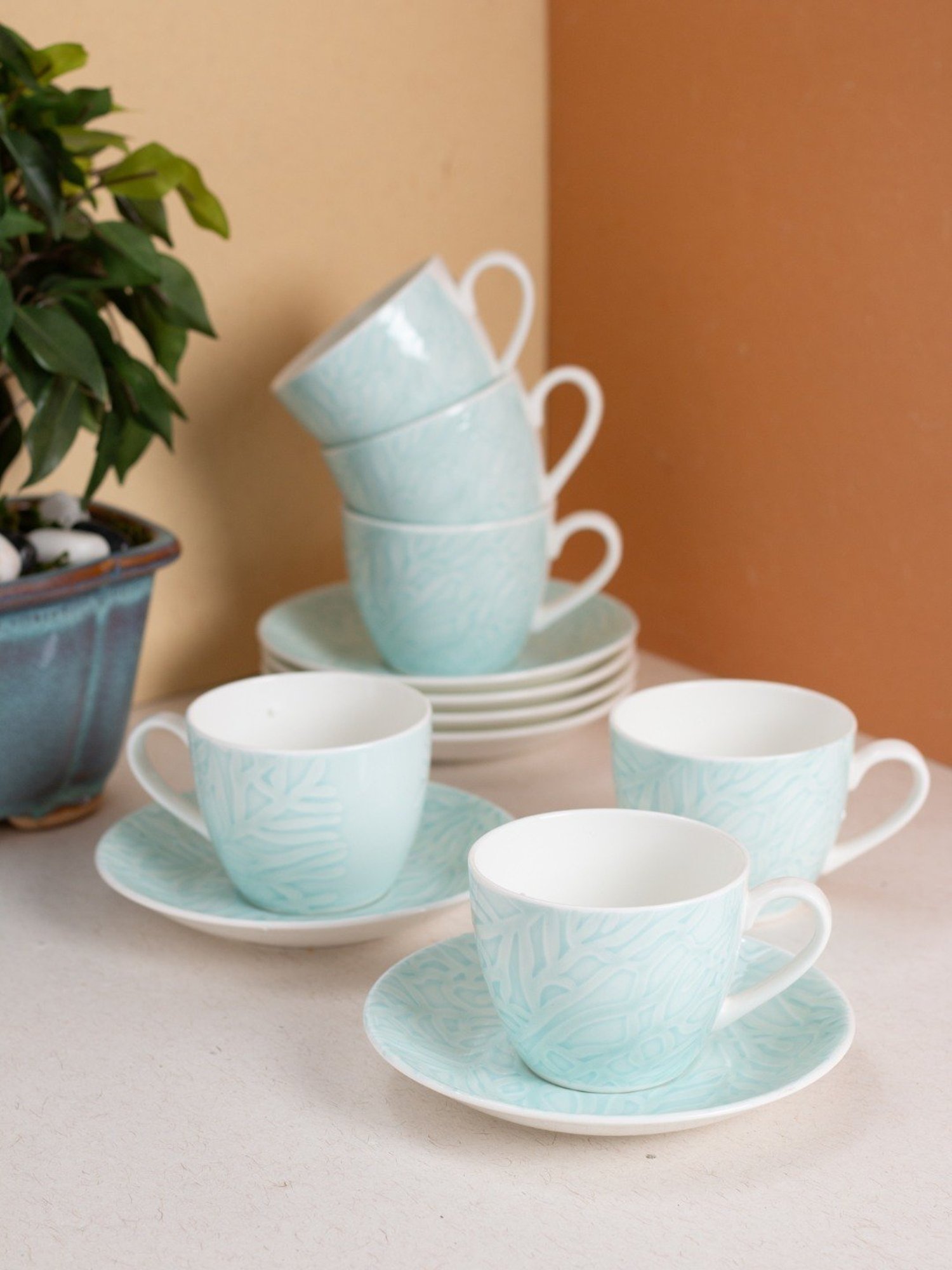 JCPL Fine Printed Green Ceramic Cup & Saucer 180 ml - Set of 12