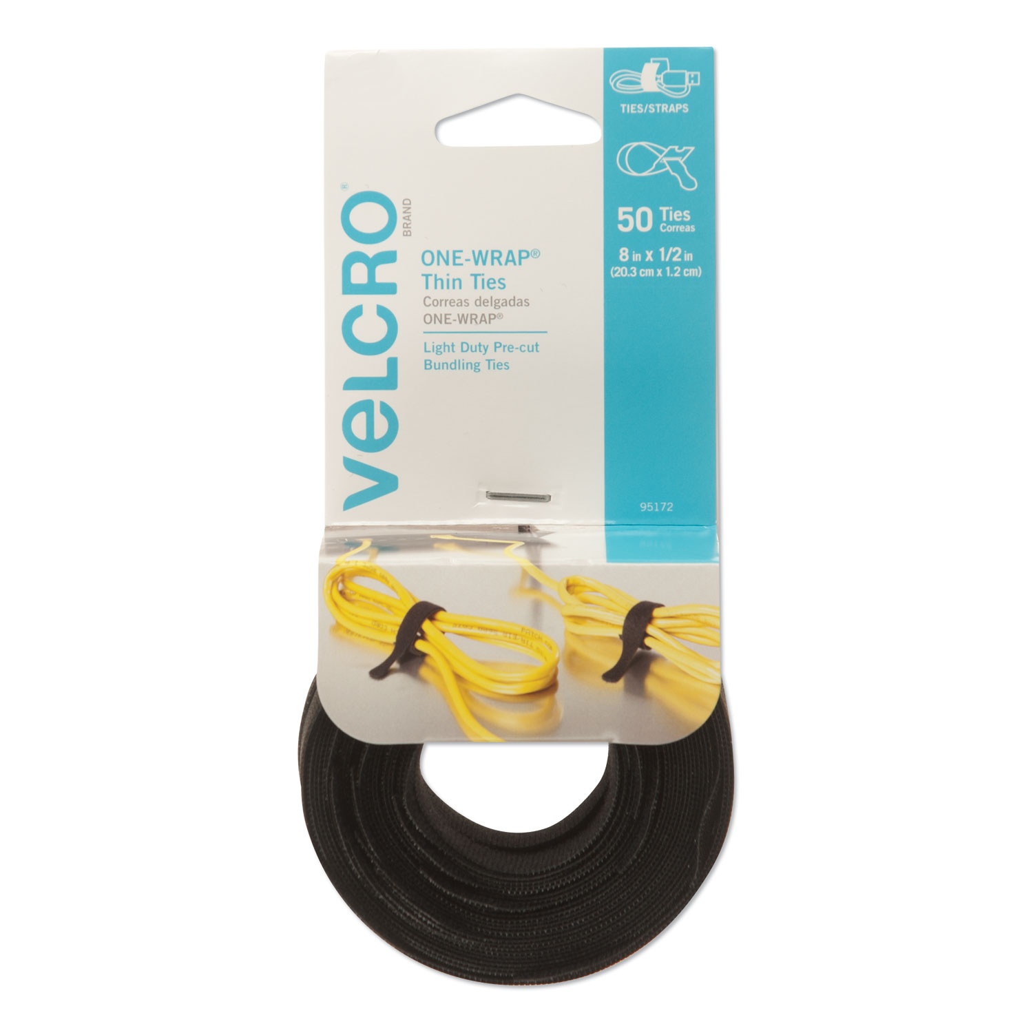 Velcro Brand One-Wrap Pre-Cut Thin Ties, 0.5" X 8", Black, 50/Pack 95172