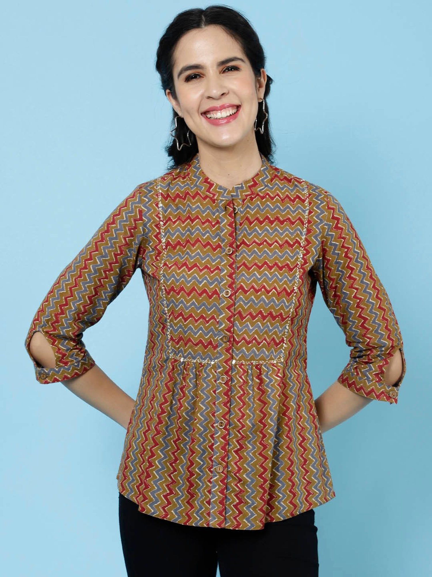 Jaipur Kurti Brown Printed Top
