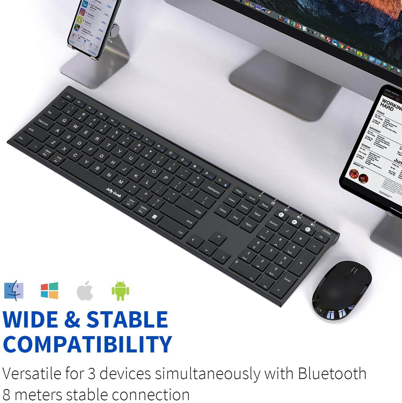 Multi-Device Bluetooth Keyboard - Jelly Comb Rechargeable Wireless Keyboard Full Size Ultra Slim Bluetooth Keyboard with Number Pad Compatible with Windows, Android, Mac OS and iOS (Black)