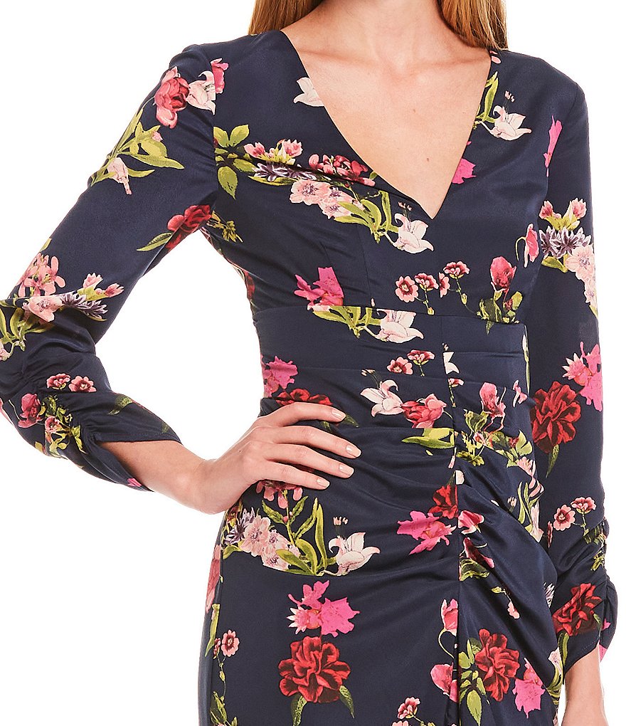 Eliza J Ruffle Front Floral Crepe de Chine V-Neck Long Sleeve Tulip Midi Dress