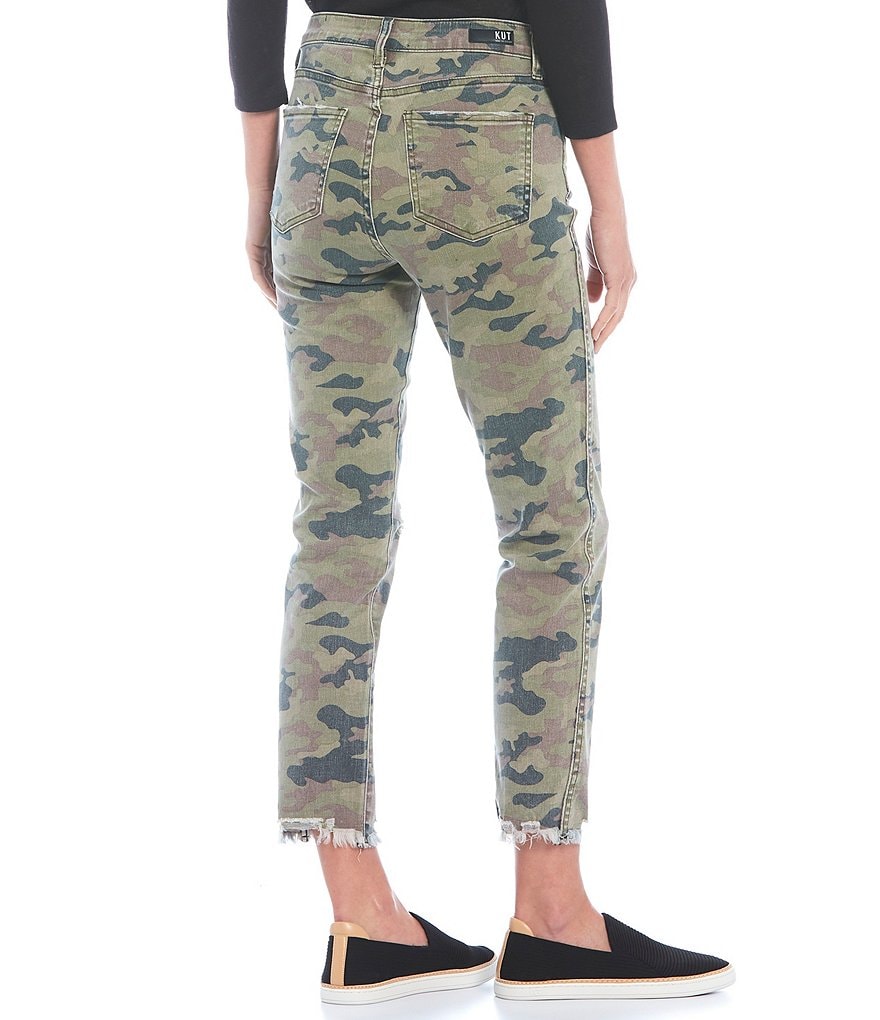 KUT from the Kloth Reese Camo Fab Ab Fit Technique High Rise Straight Leg Raw Hem Destruction Detail Ankle Jeans