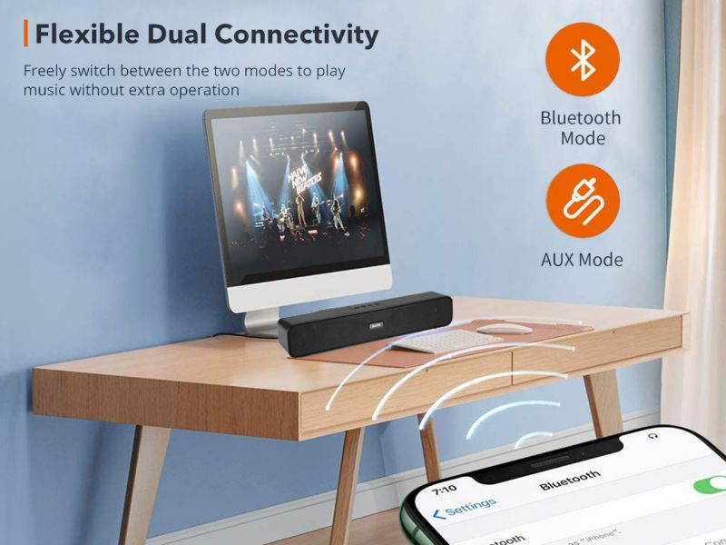 PORTABLE SPEAKER E91 Computer Speaker, Bluetooth 5.0 Wireless PC Soundbar, Stereo USB Powered Sound Bar Speaker for Computer Laptop Smartphone Tablet Game Console, Aux Connection, Black