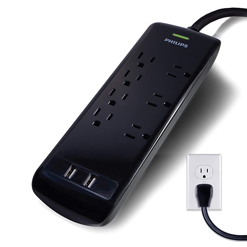 7 Outlet Power Strip Surge Protector 2 USB Charging Ports 4ft Power Cord Flat Plug Wall Mount 1440 Joules ETL Listed Circuit Breaker Automatic Shutdown Black SPP6270BC37
