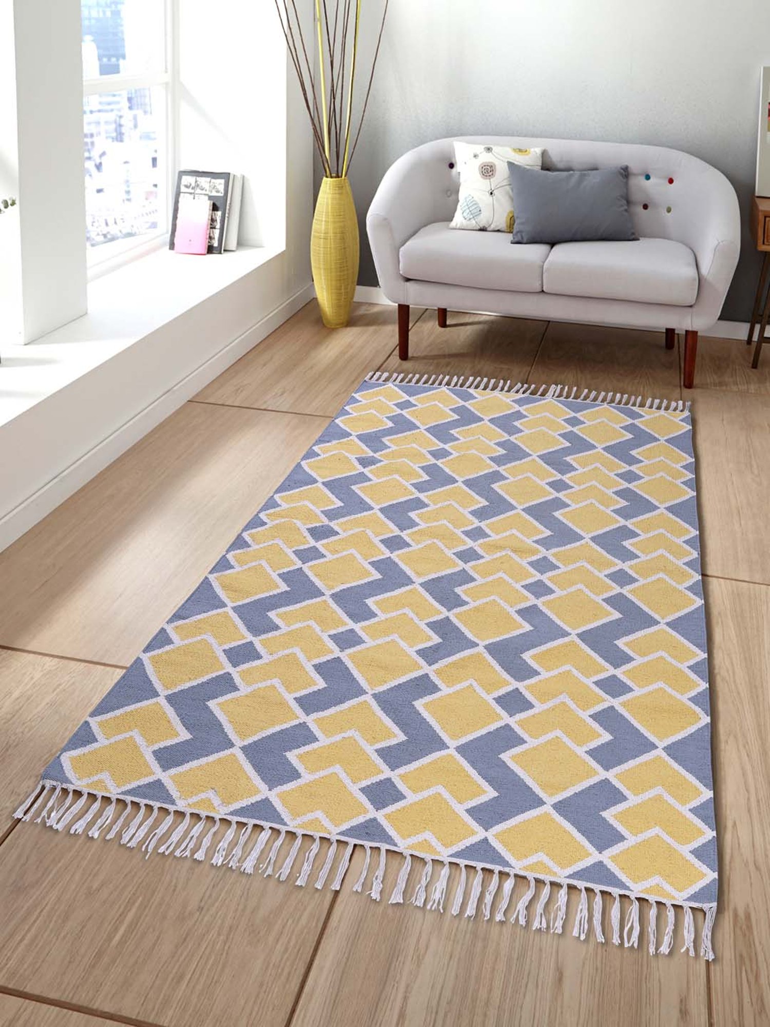 Pequra Yellow & Blue Cotton Floor Covering Mosaic Rug