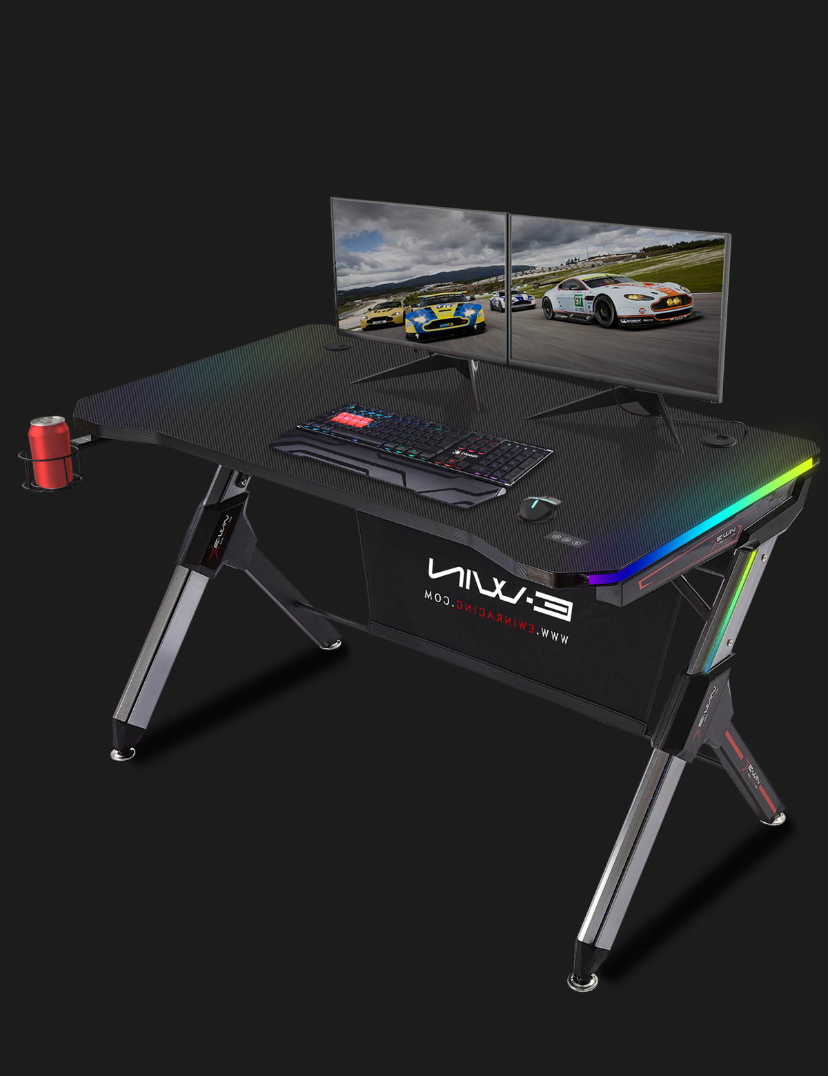 E-WIN&reg; 2.0 Edition RGB Gaming Desk with RGB Lights, Smart Wireless Charger, USB Port, Controller Stand And Cup Holder