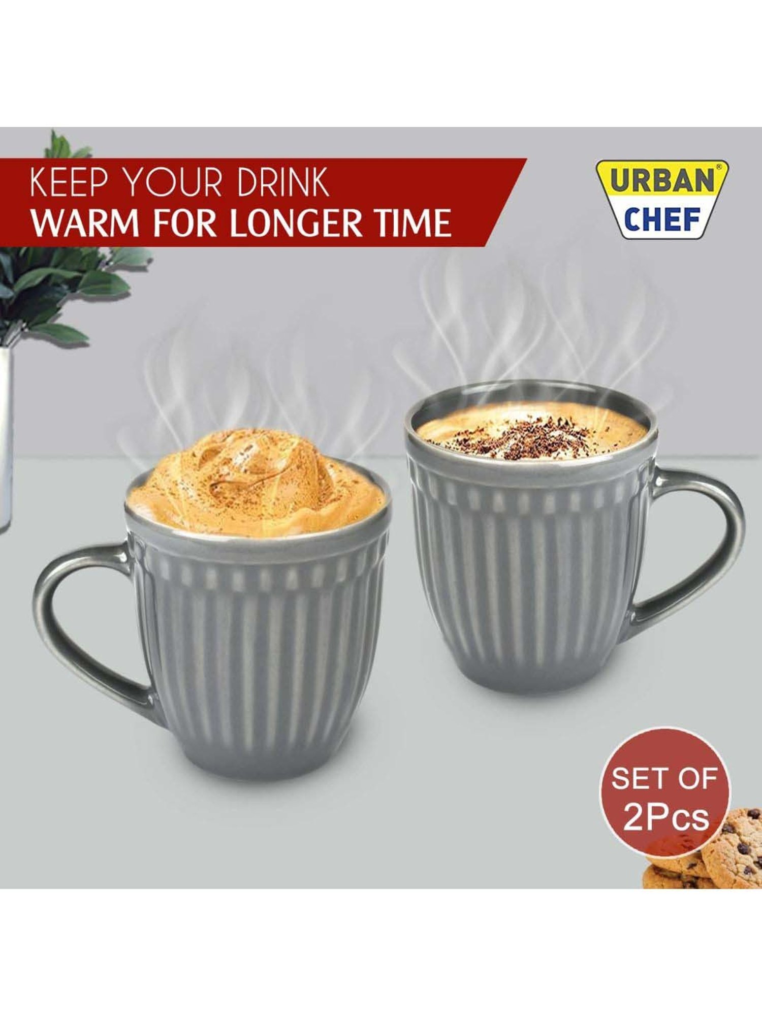 Urban Chef Grey Ceramic Handcrafted Microwave Safe Tea Cup - Set of 2