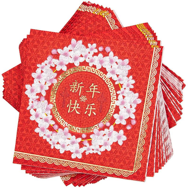 Sparkle and Bash 50 Pack Floral Red & Gold Foil Chinese Lunar New Year Disposable Cocktail Paper Party Napkins