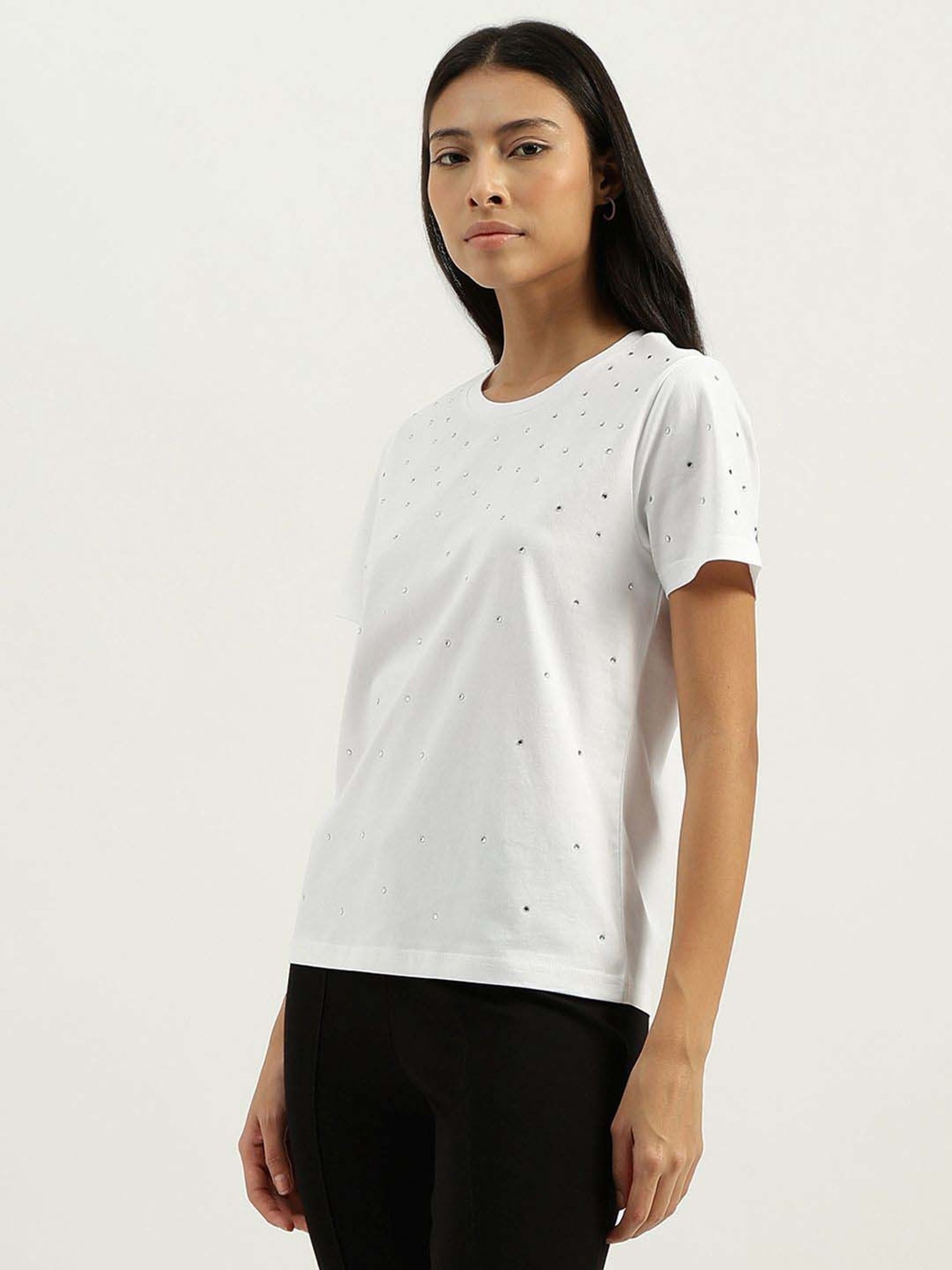 United Colors of Benetton White Cotton Embellished T-Shirt