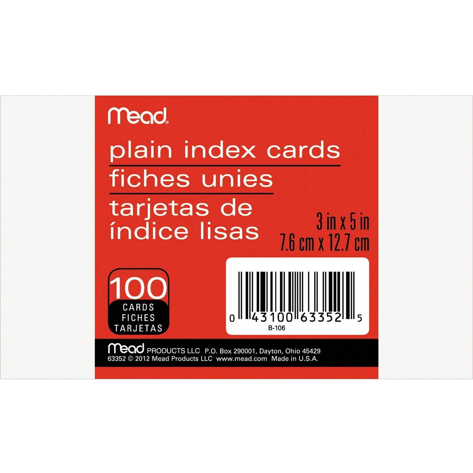 Mead Plain Index Card - 100 - 5" X 3" - 100 / Pack - White Paper (MEA63352)