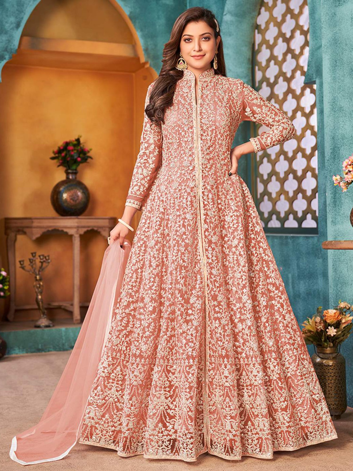 Odette Peach Embroidered Unstitched Dress Material