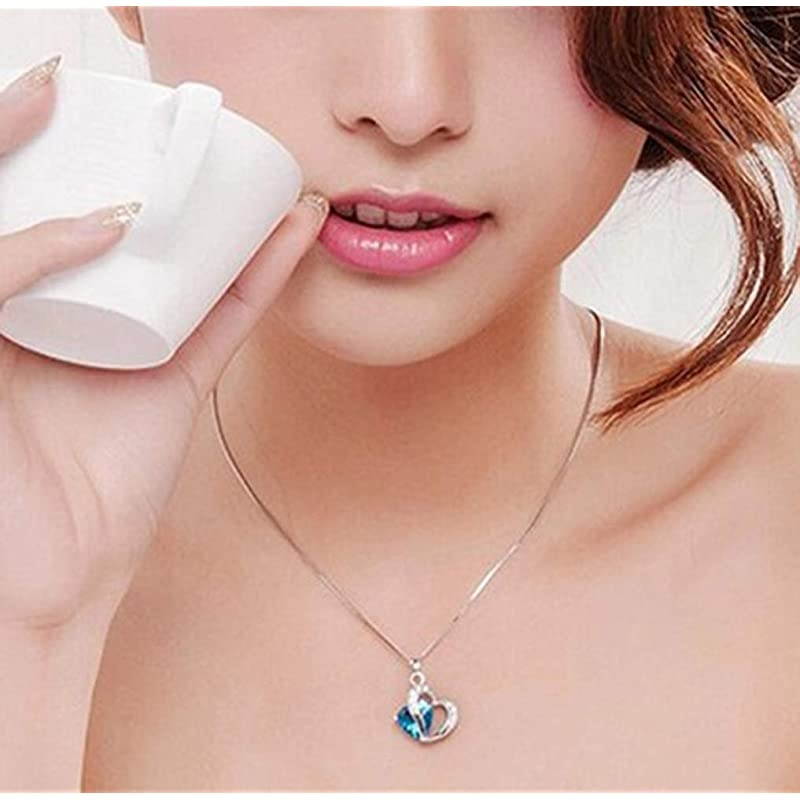 Fashion Jewelry Silver Plated Necklace Chain and BluePurple Heart Pendant Handmade with Sparkling Double Heart Silver and CrystalLike Pendant Necklace Blue