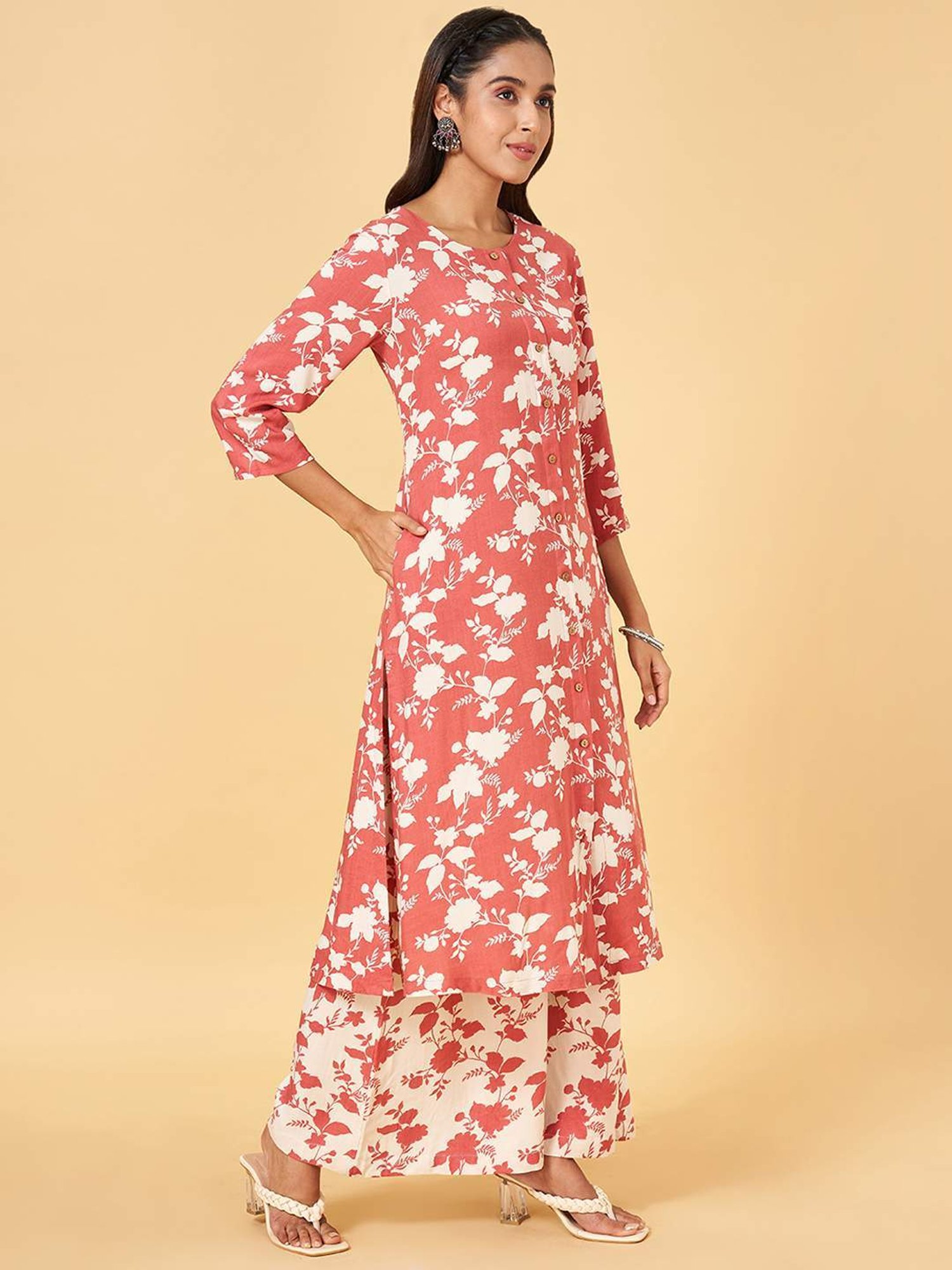 Rangmanch by Pantaloons Peach & White Printed Kurta Palazzo Set