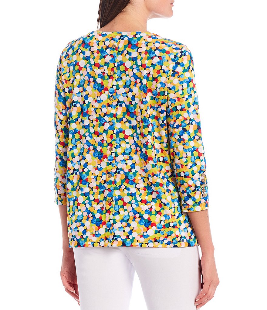 Multiples Multicolor Texture Dot Print Button Detail 3/4 Sleeve Slub Knit Top