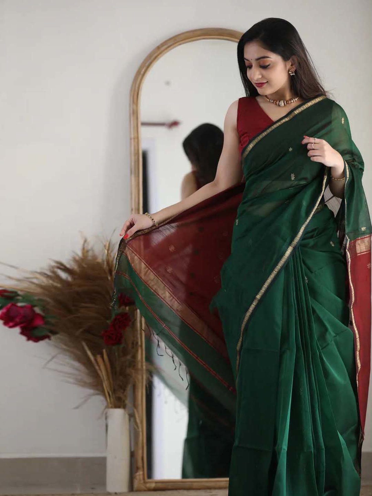 SHUBHKALA Green & Maroon Silk Woven Saree With Unstitched Blouse