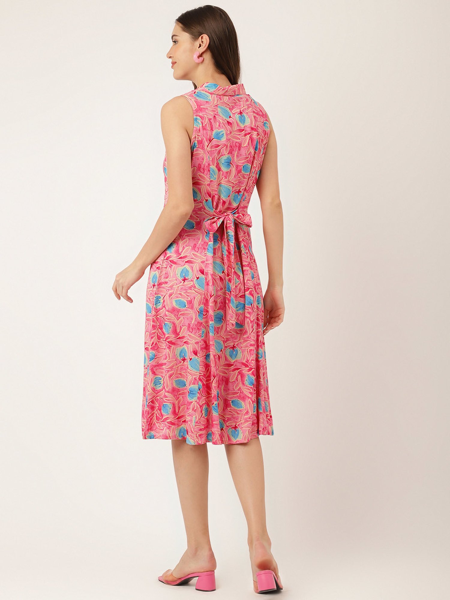Divena Pink Floral Print Ethnic Dress With Unstitched Sleeves