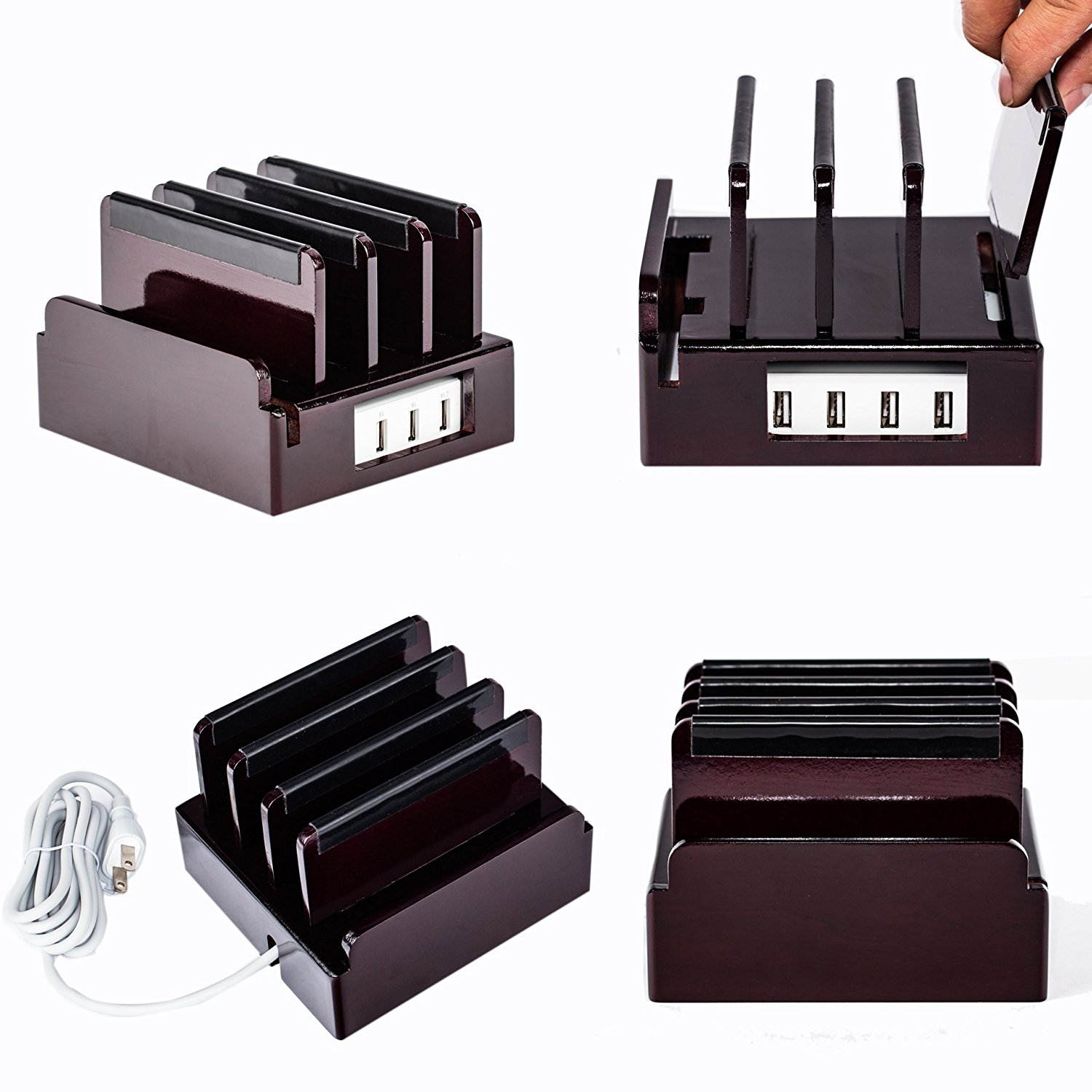 Compact Universal Desktop Cell Phone & Tablet/eReader/Kindle Charging Station, with Set of Cable Ties. Multiple Finishes Available - Black Leatherette