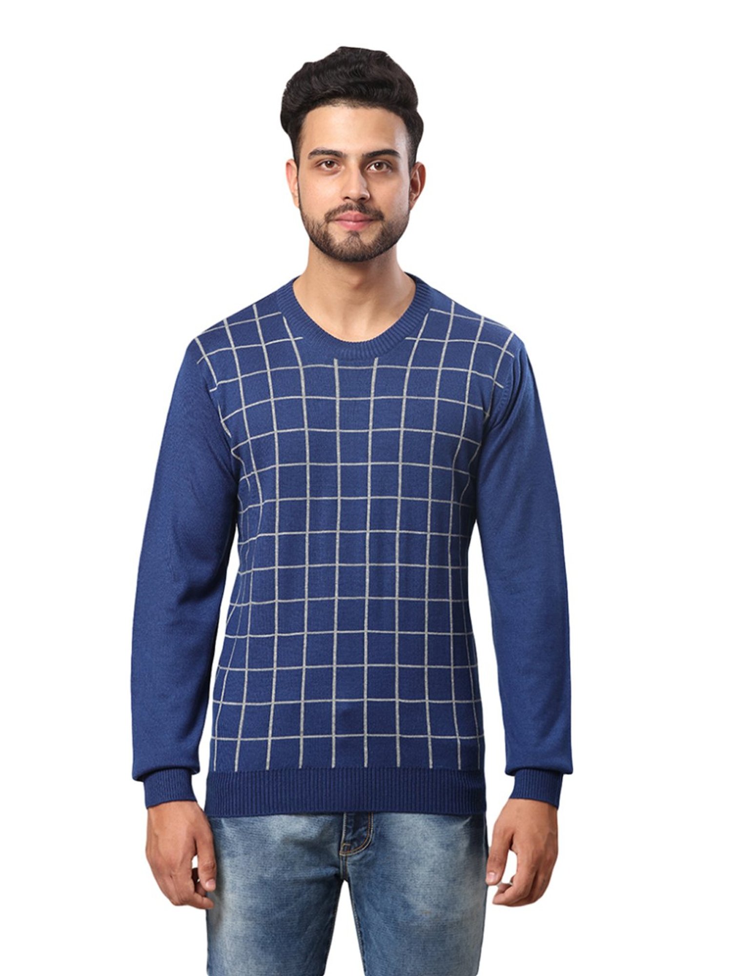 Raymond Blue Regular Fit Checks Sweater